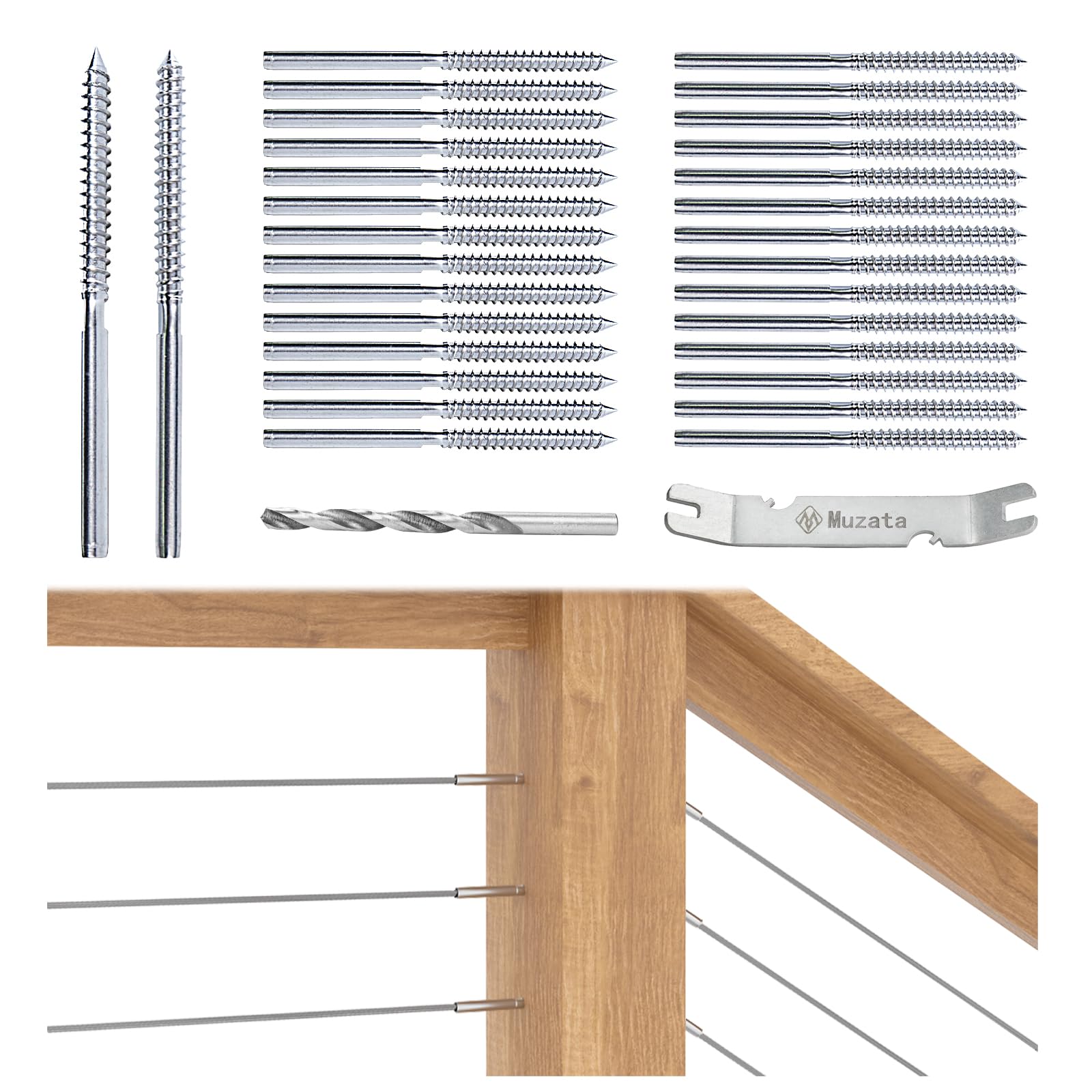 Muzata 30 Pack 1/8" Cable Railing Hardware Kit Swage Lag Screws Left and Right Handed Thread for Wood Post T316 Stainless Steel Deck Cable Railing System 15 Pairs CK17