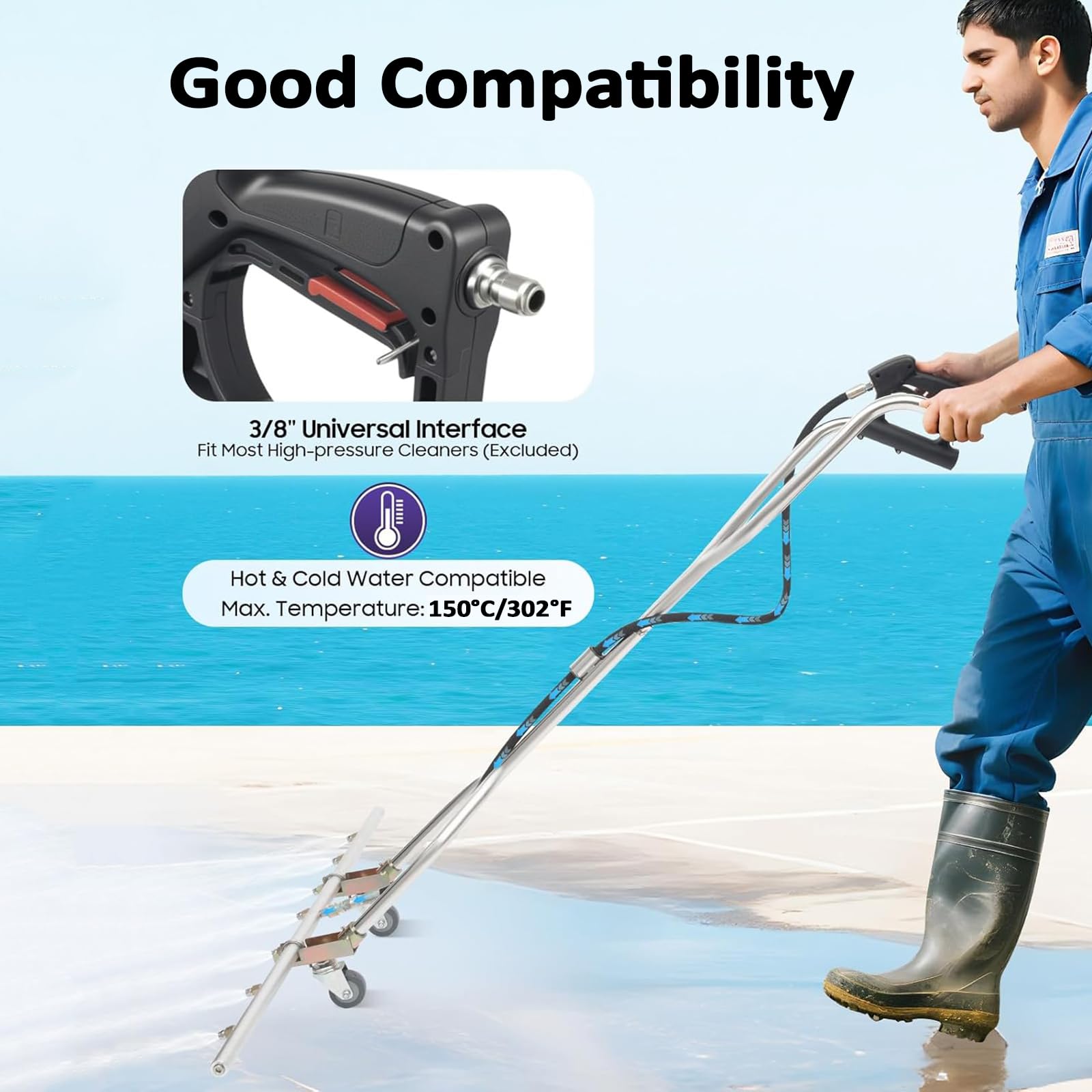 Accesorio de escoba de agua de acero inoxidable para lavadoras eléctricas, diseño de 7 agujeros con compatibilidad con agua fría y caliente, ideal para limpieza de patio y acera