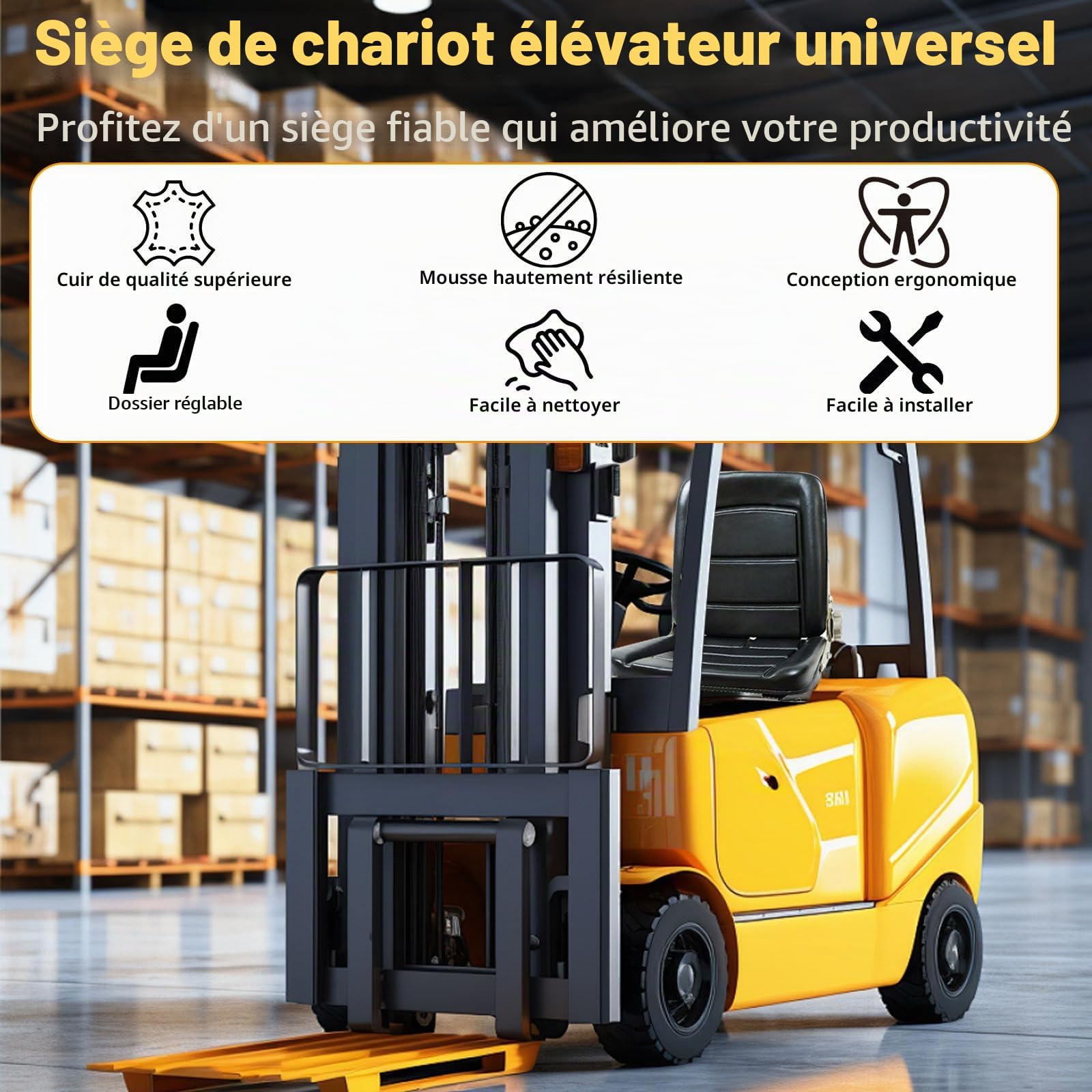 Siège de tracteur universel, Siège de chariot élévateur, 41x38x46cm, réglable 45°-160°, avec rail coulissant, fixation universelle 25x27cm, structure renforcée heavy-duty