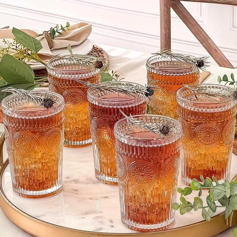 Image of PrimeWorld 6pcs Vintage Drinking Glasses Set - 350ml Highball Glasses & Embossed Ribbed Glassware Cups | Perfect for Thanksgiving, Cocktails, Juice, Coffee & Whiskey | Elegant & Durable Drinkware