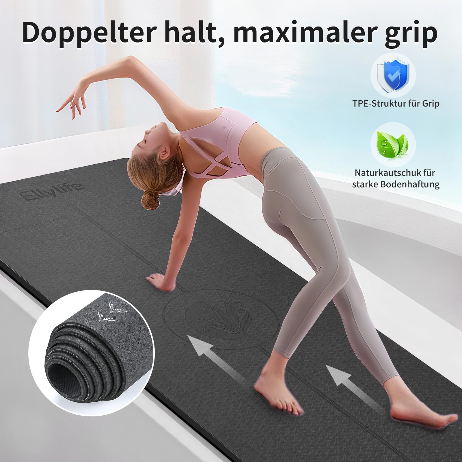Yoga Matte Rutschfest Dick, Nachhaltige Naturkautschuk + Eco TPE oder PU, Ausrichtungslinien, Hautfreundliche, Starker Grip, Einzigartiges Design, mit Tragegurt, für Yoga, Pilates, Fitness