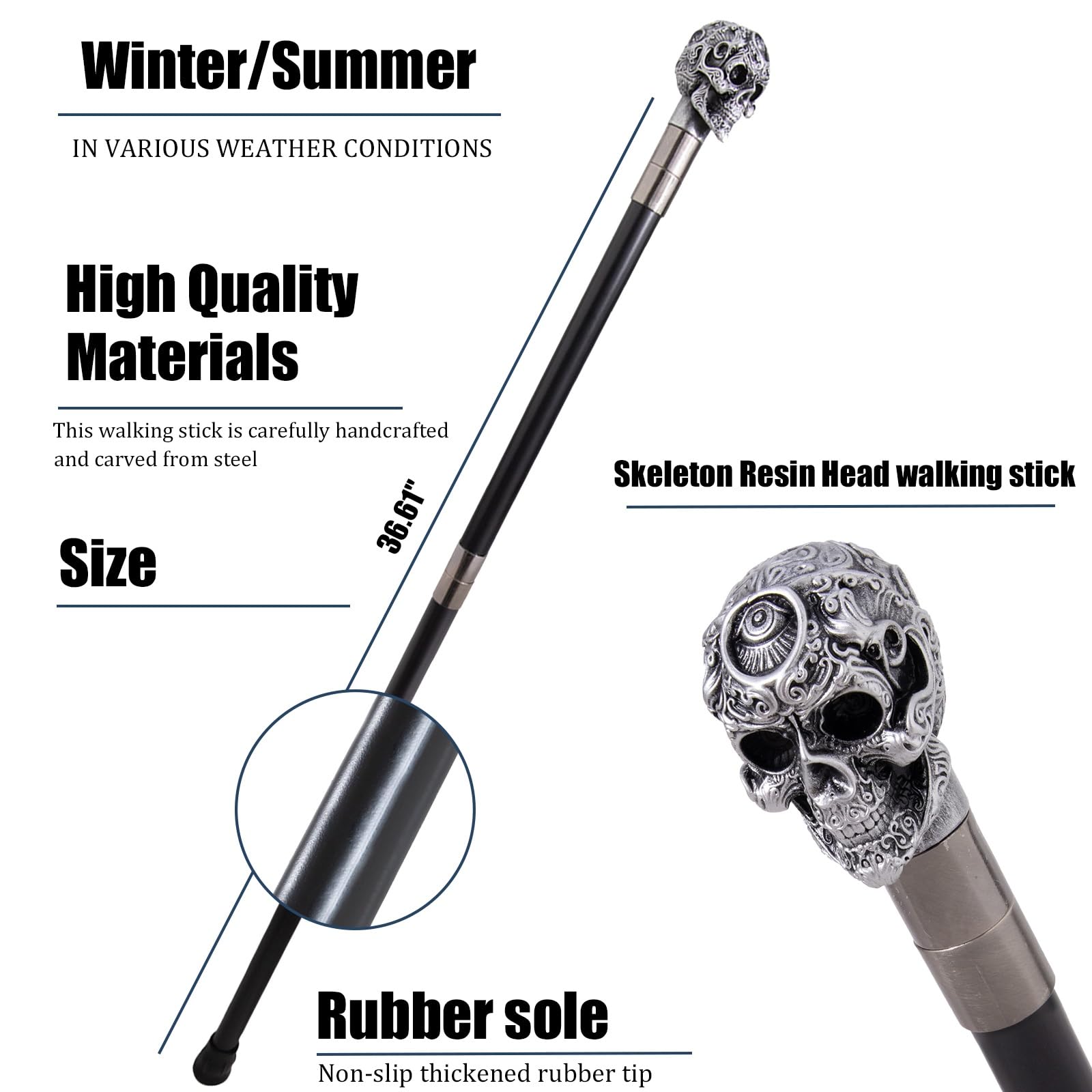 Elegante Bastón de Lujo con Diseño de Calavera, para Hombre y Mujer, con Empuñadura Antideslizante Extraíble, Cospaly Vintage Party 93 Cm(Silver)