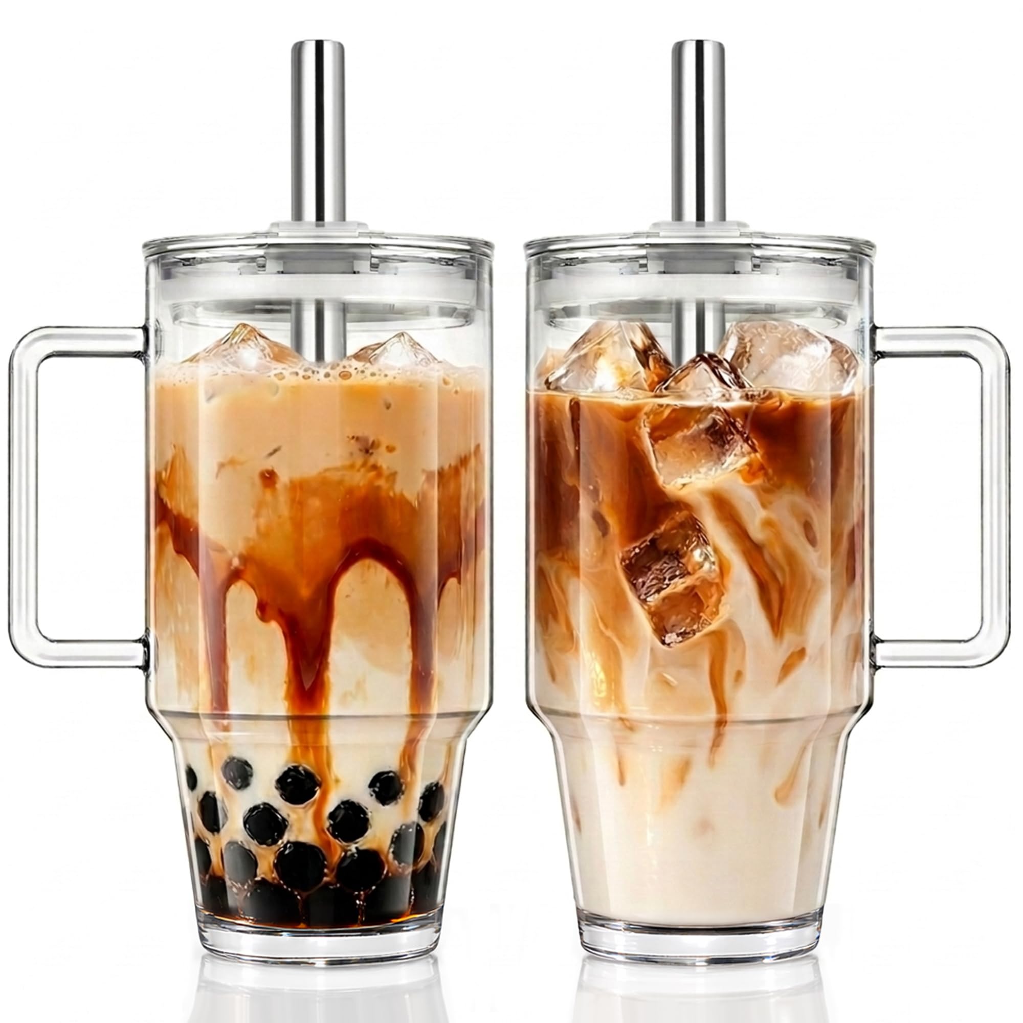 KEMORELA 2-Pack 24oz/710ml Clear Glass Tumblers with Handle, Leak-Proof Lid & 13mm Stainless Steel Straw – Wide-Mouth Reusable Cups for Boba, Smoothies, Iced Coffee, Juice & Hot Drinks