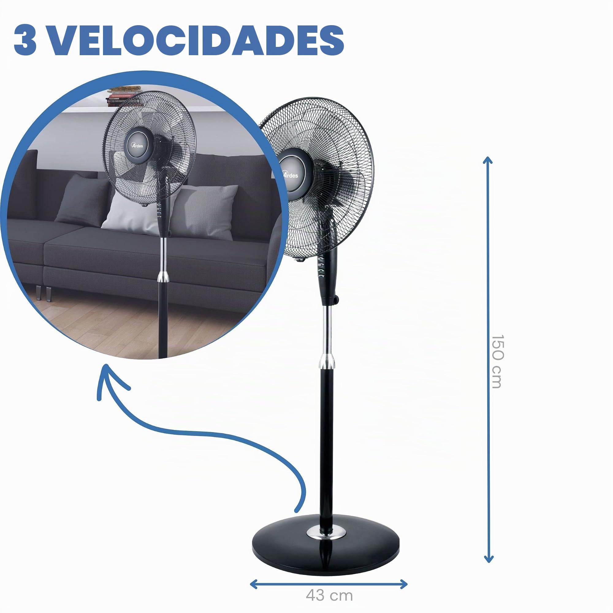 ARDES Ventilador de Pedestal Potente Silencioso 5 Aspas 40 cm Oscilatorio con Altura e Inclinación Regulable Ventilador de Pie Ardes 3 Velocidades Modelo AR5S41PB