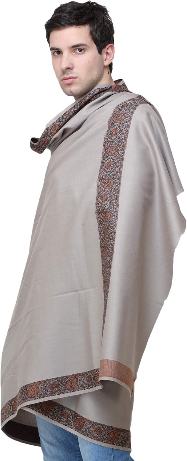Exotic India Plain Men's Shawl with Brown Woven Border - Pure Wool