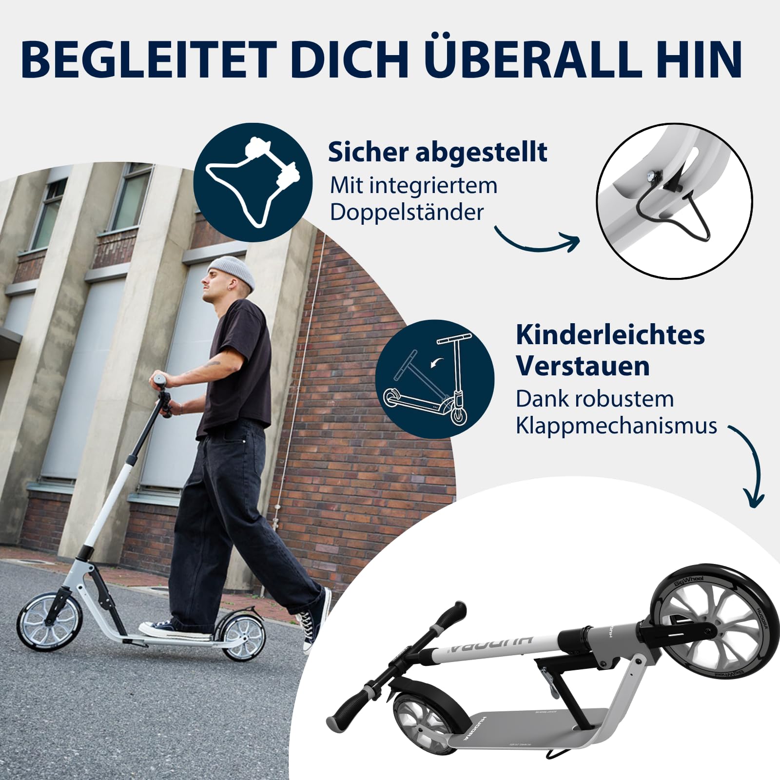 HUDORA BigWheel 230 Advanced Scooter - Stabiler Aluminium-Roller für bis zu 120kg - Leiser & zusammenklappbarer Cityroller mit Ständer & Klingel - Kick-Scooter für Kinder/Jugendliche & Erwachsene