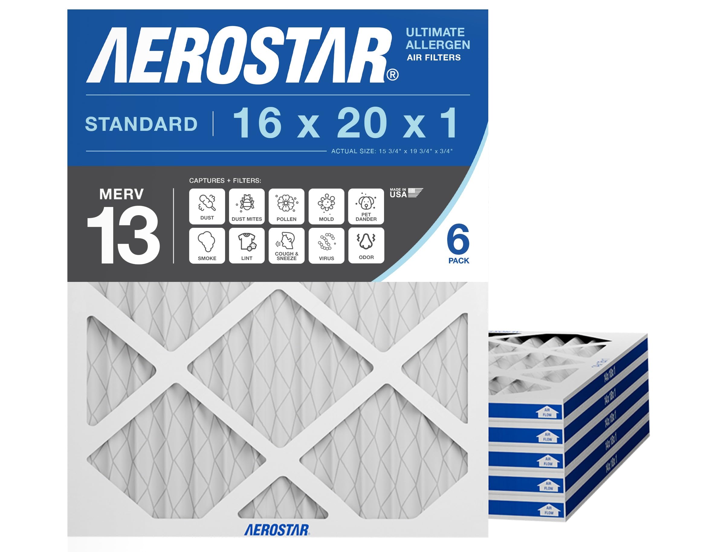 16x20x1 MERV 13 Air Filter, 6 Count, ACTUAL SIZE (15.50 x 19.50 x 0.75 ), HVAC, Air Conditioning & Furnace Filter for Allergies, Dust, Pet Dander & Smoke (MPR 1500 / FPR 10), Made in USA