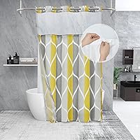 Vista 41 de Juego de cortina de ducha blanca sin gancho con forro de tela a presión, estilo hotel con ventana superior de malla transparente, diseño geométrico