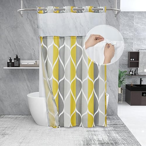 Miniatura 41 de Juego de cortina de ducha blanca sin gancho con forro de tela a presión, estilo hotel con ventana superior de malla transparente, diseño geométrico