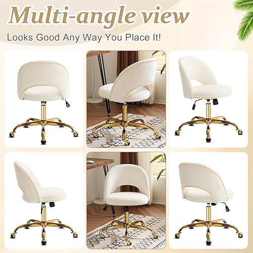 Vista 97 de VINGLI Silla de oficina pequeña de terciopelo moderna, bonita silla de escritorio con ruedas, base dorada/tachuelas, cómoda silla giratoria sin Beige