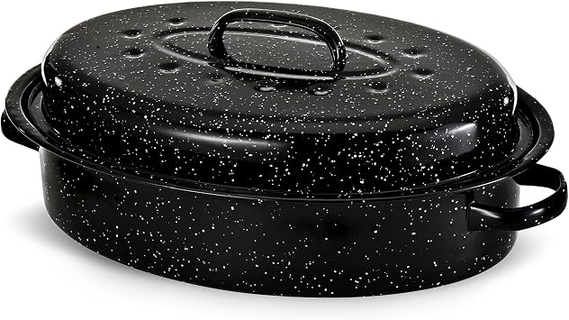 Alpine Cuisine Enamel Oval Roaster | Carbon Steel Oval Roasting Pan 15-Inch | Non-Stick Marble Coating with Lid | Oven & Dishwasher Safe | Even Heat Distribution | Ideal for Large & Small Servings