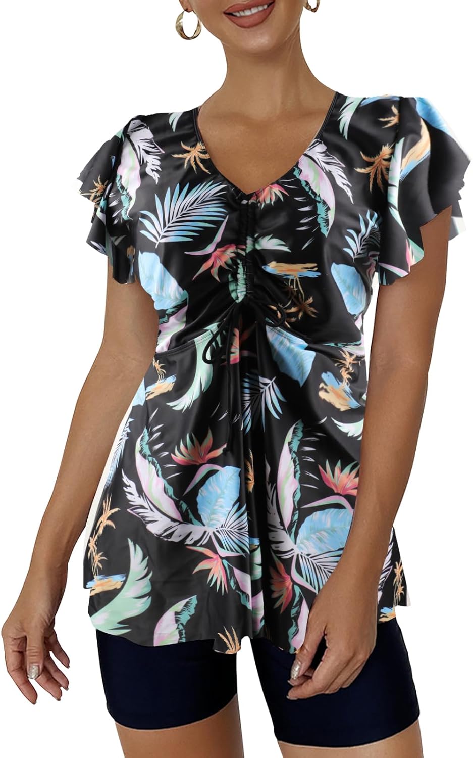 ECUPPER Women Short Sleeve Tankini Swim Dress Ruffled Flowy Skirt Swimsuits Tummy Control Two Piece Bathing Suits with Shorts