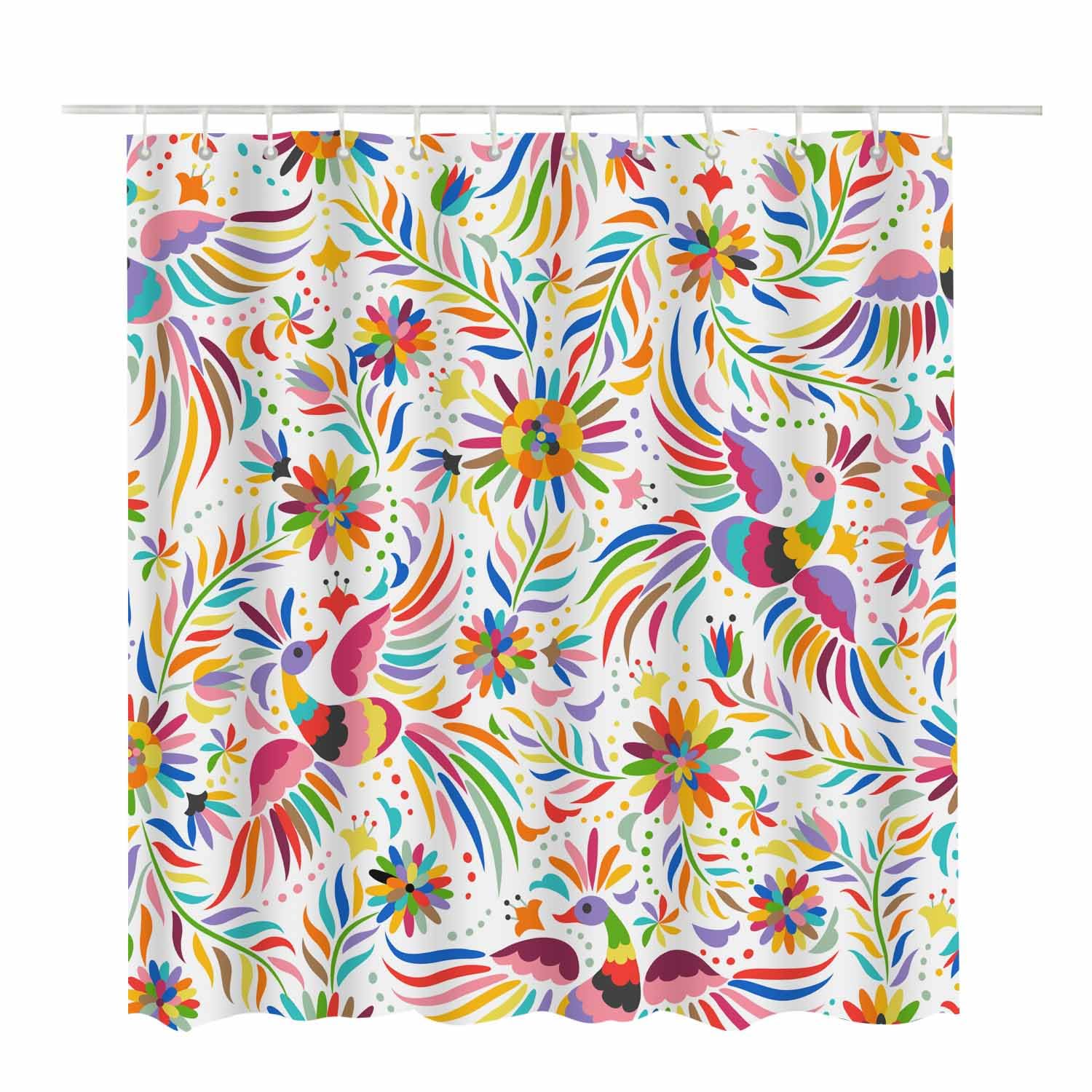 Woutay Shower Curtain Water Repellant Fabric Colorful Ethnic Birds and Flowers,Mould Proof Resistant,Polyester,Size 180x180CM - Image 2