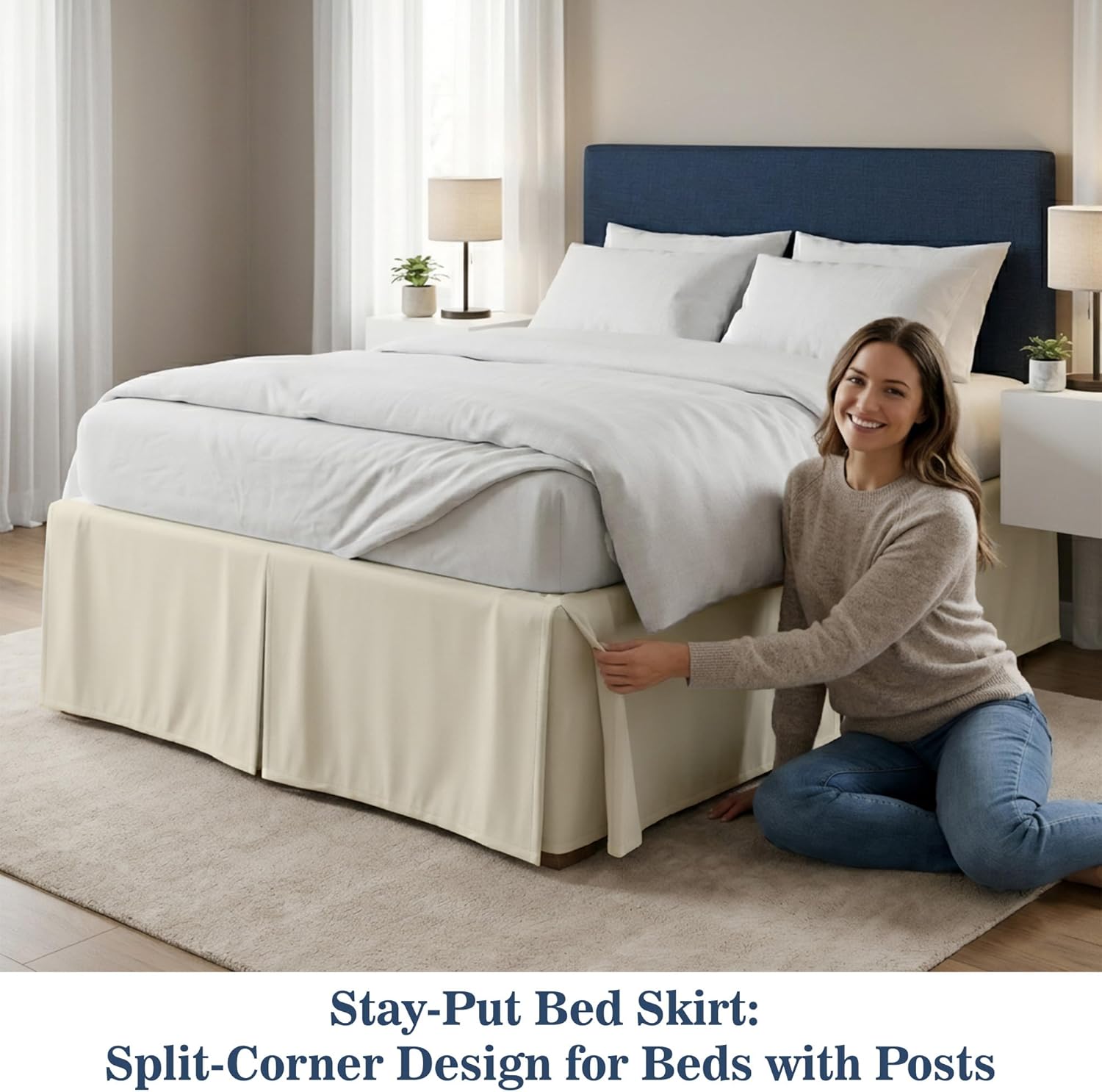 Pleated Bed Skirt Queen Size, 16" Drop with Platform Design for Secure Fit, Split Corners, Wrinkle-Resistant Microfiber for Modern Stylish Look, Tailored Bedding for Hotel Luxury - Ivory
