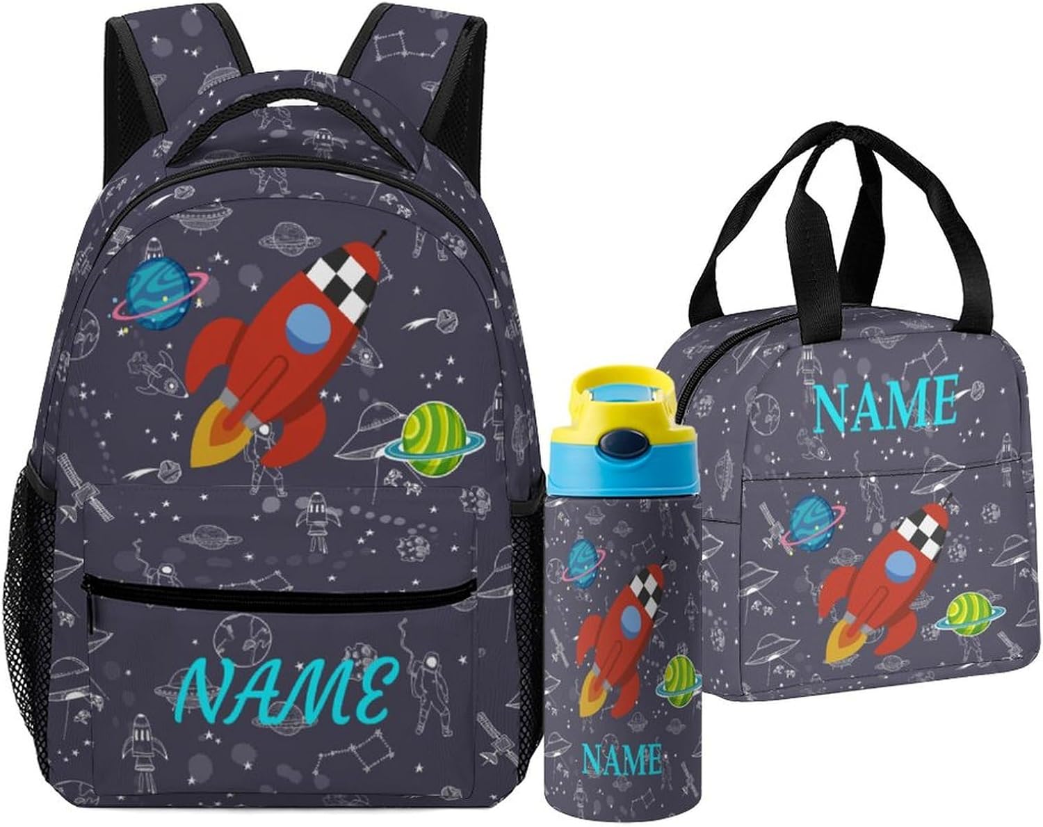 Custom Rainbow Galaxy Unicorn Backpack for Kids Girls Boys Add Name Personalized 3 in 1 Book Bags with Lunch Box Kids Water Bottle Customized School Bag Set