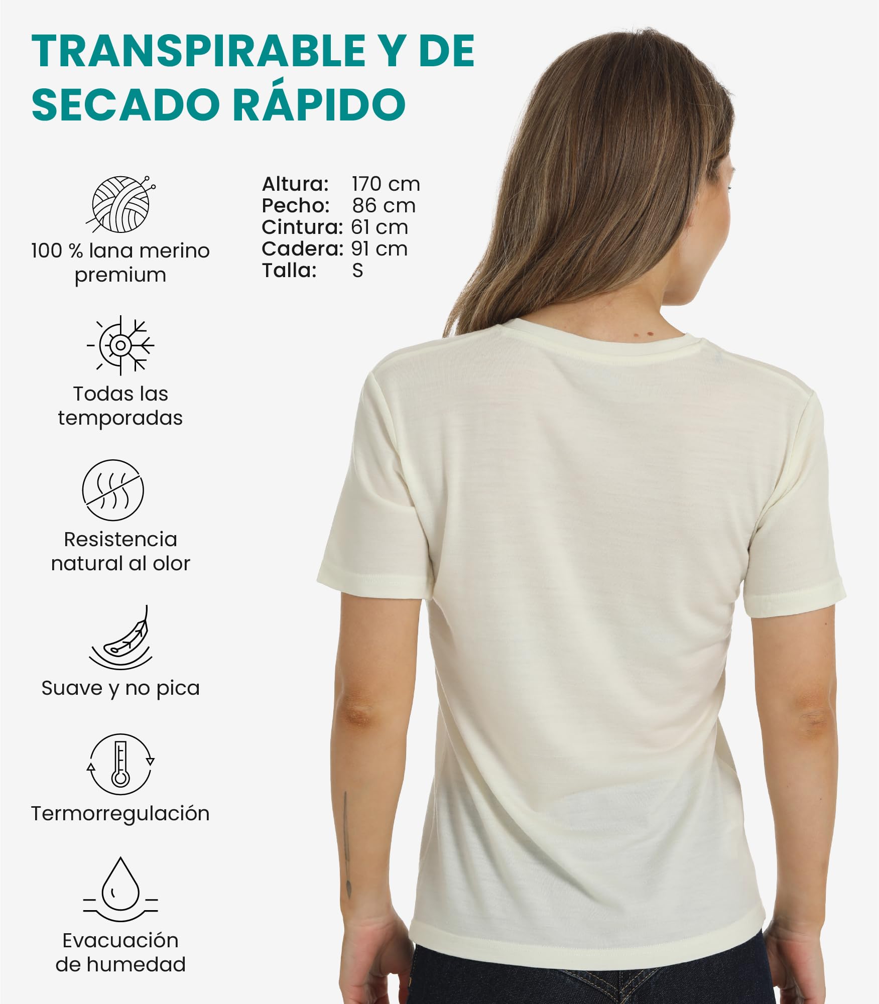 Merino.tech Camiseta Termica Lana Merino Mujer - Ropa Interior Base Layer 100% Lana Merino para Mujer (Large, White Creamy V-Neck)