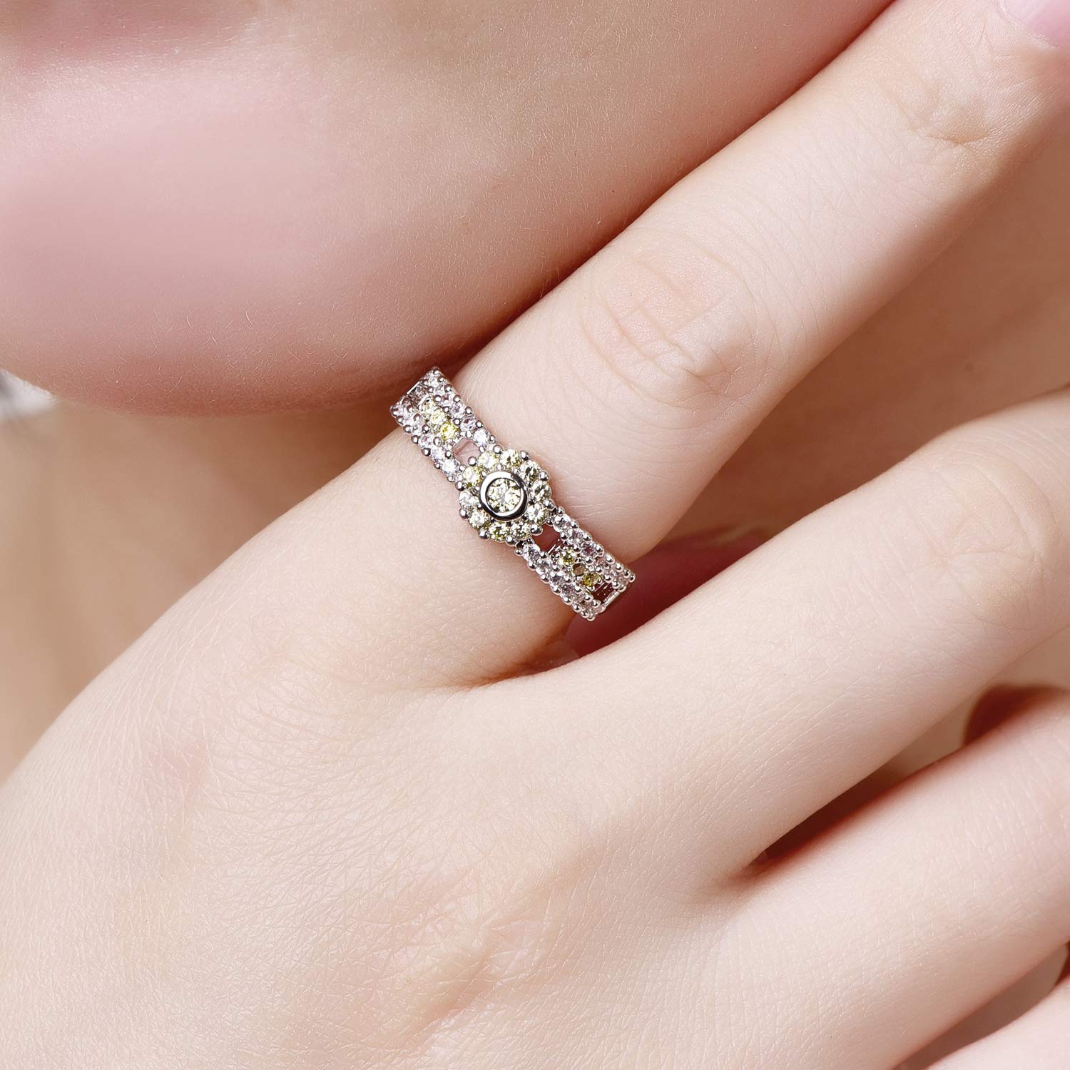 Emsione 925 Silver Plated Created Citrine Round Cut Halo CZ Pave Flower Statement Eternity Promise Ring Engagement Wedding Bands for Women Size 7