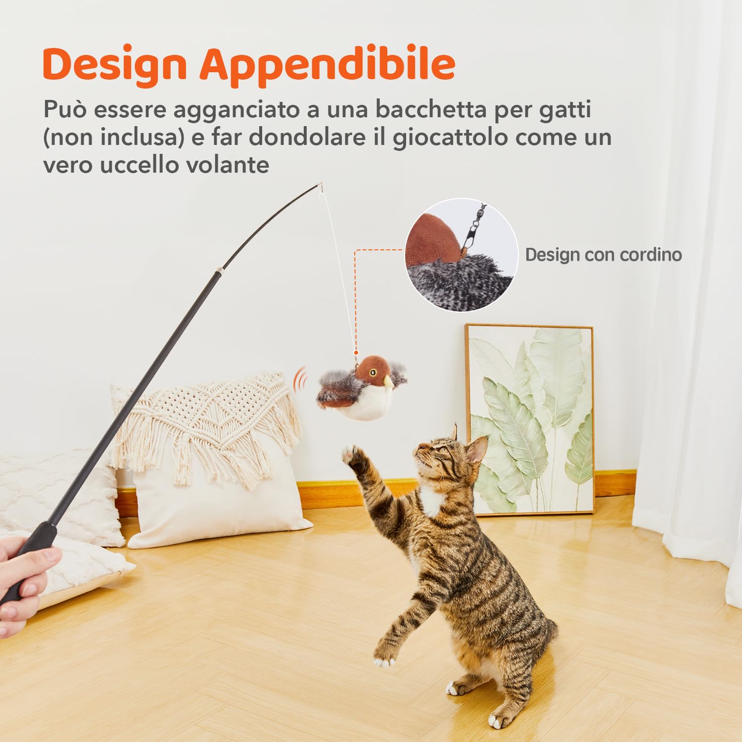 Potaroma Giochi per Gatti– Giocattolo Interattivo per Gatto a Forma di Uccello Passero, Ali Battenti, Suoni Realistici, Catnip, Ricaricabile, Attivazione Touch, per Tutte le Razze, 10 cm