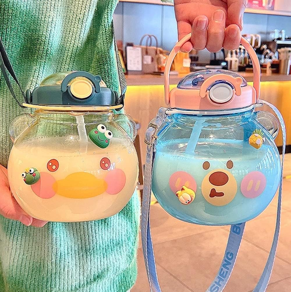 Large Kawaii Water Bottle with Strap and Resin Stickers 48oz Cute Bear Water Bottle with Straw Portable Round Kids Water Bottle for School Sports Outdoor Spill Proof Decorate Your Own (Pink Pig)