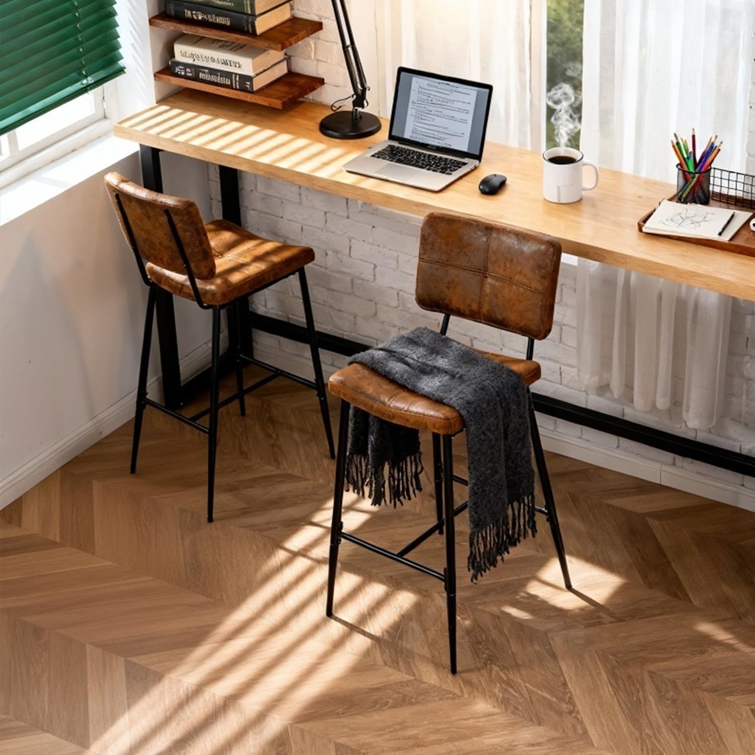 Meuble Cosy Lot de 2 Tabouret de Bar Industriel avec Dossier et Repose-Pieds, Siège Rembourrés de 75 cm de Haut, Chaises Hautes en Suédine Cadre en métal, Marron