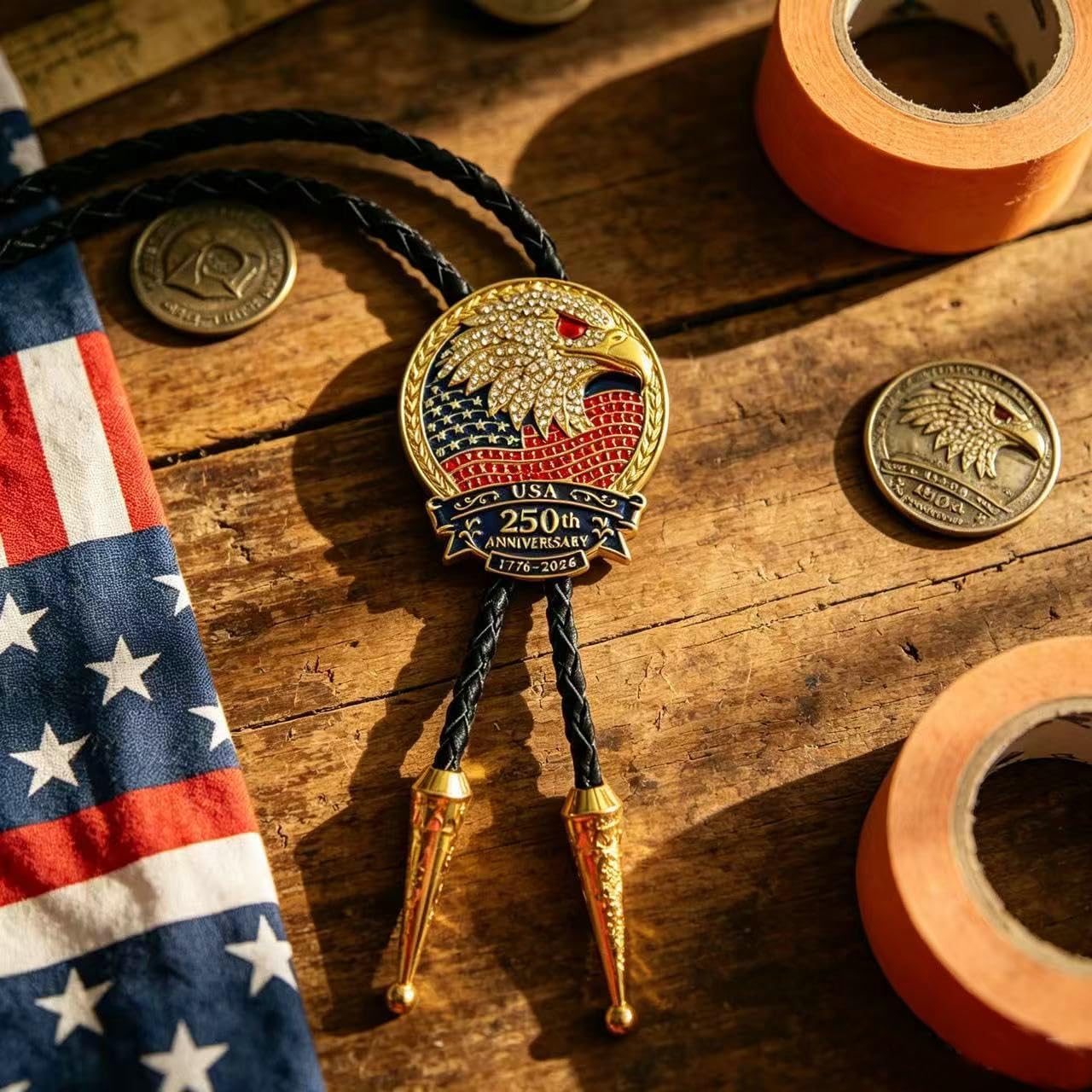USA 250th Anniversary Cowboy Western Patriotic Eagle Bolo Tie
