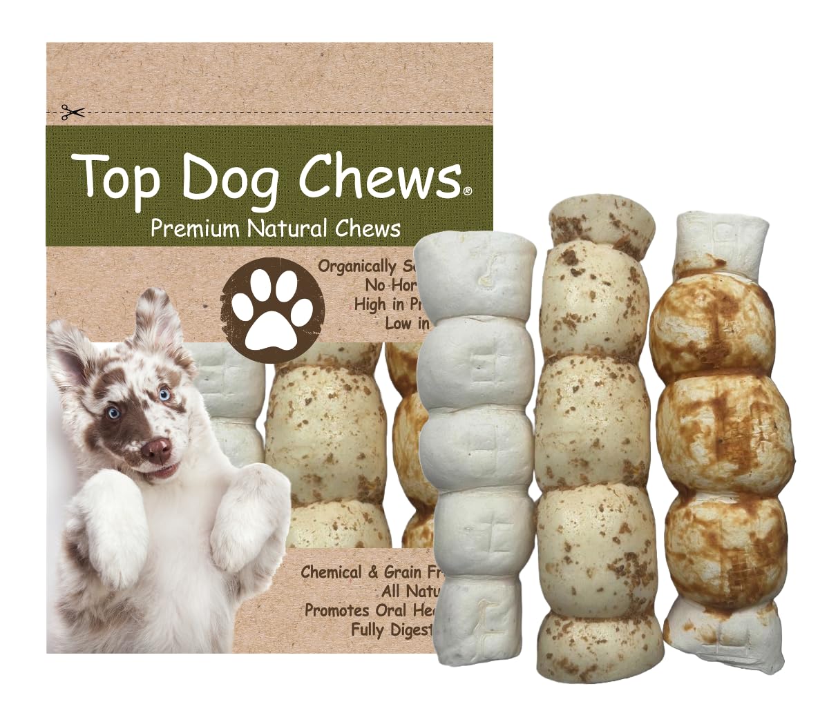 Top Dog Chews – 9” – 11"- Variety 3 Pack, 1 Roasted Buffalo Beef Cheek Roll, 1 with Bully Dust Sprinkles, and 1 Chicken Wrapped