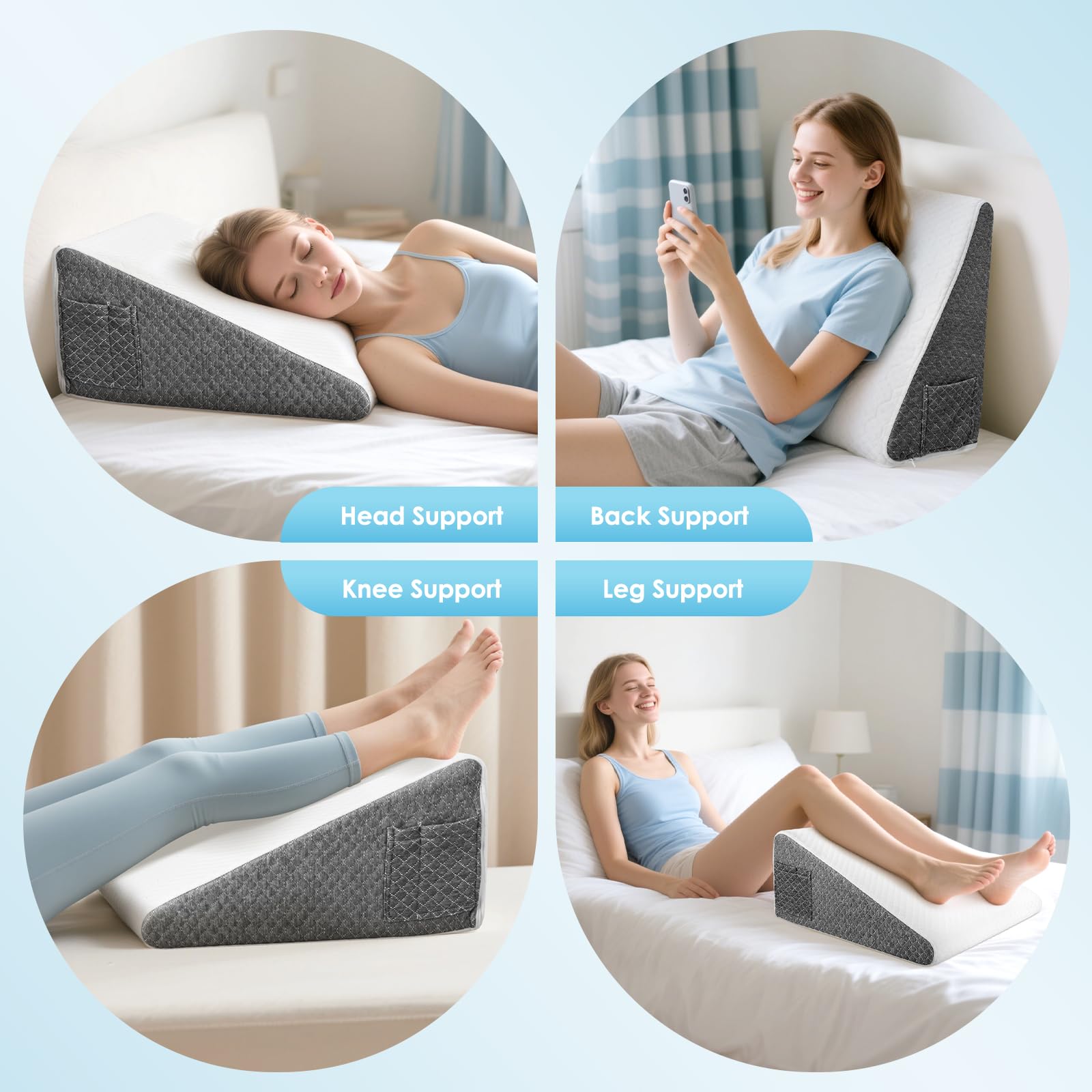Cuscino a Cuneo per Letto 2pcs, Cuscino Antireflusso Adulti, Cuscino Triangolare Regolabile, Ergonomico per Apnea Notturna, Reflusso Acido, Elevazione Gambe, Memory Foam 25D