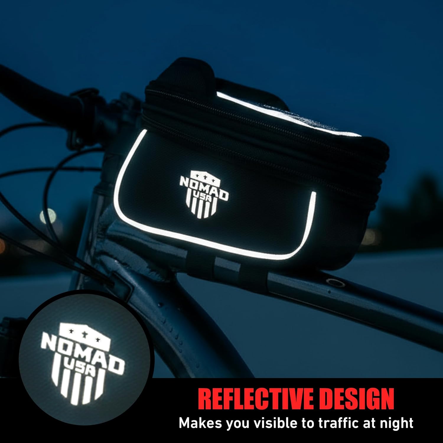 Nomad USA Bicycle Bag, Expandable Bike Tool Pouch Front Frame/Handlebar Bag, Touch Screen Waterproof Cycling Phone Fits All iPhones, Galaxy S25, Pixel Pro, Reflective Top Tube Bag for Bike Accessories
