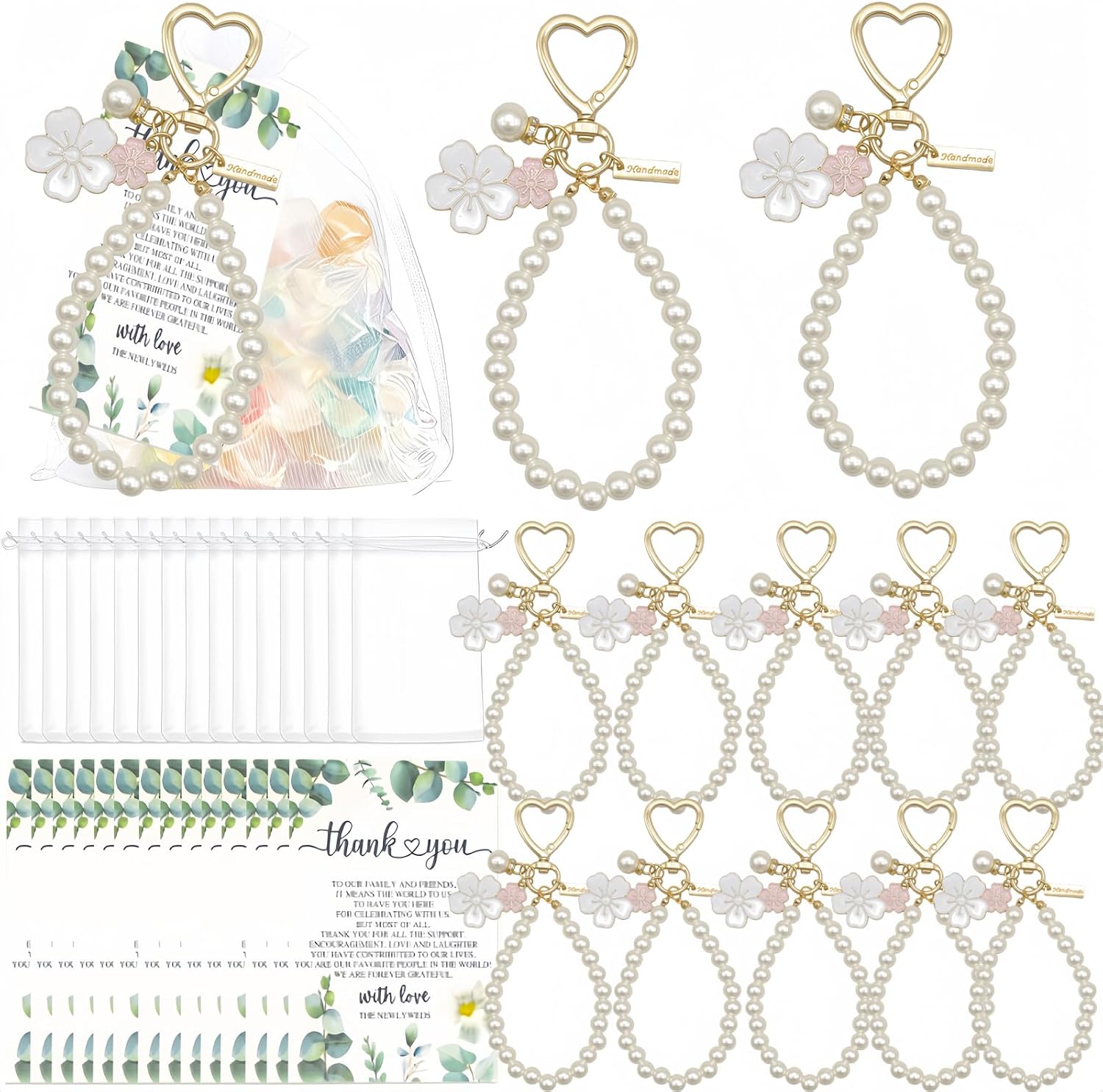 30 Sets Wedding Favors for Guests Bulk White Pearl Keychain Flowers Beaded Keychain with Thank You Cards Organza Bags for Guest Souvenirs Wedding Gift Bridal Shower Party Favors