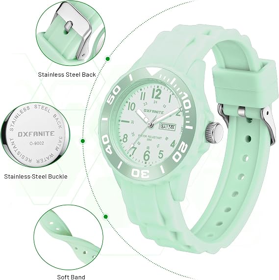 Waterproof Nurse Watch for Medical Professionals,Students, Women Men, Military Time Easy to Read Dial, 24 Hour with Second Hand, Soft and Breathable Silicone Band, 9002-green