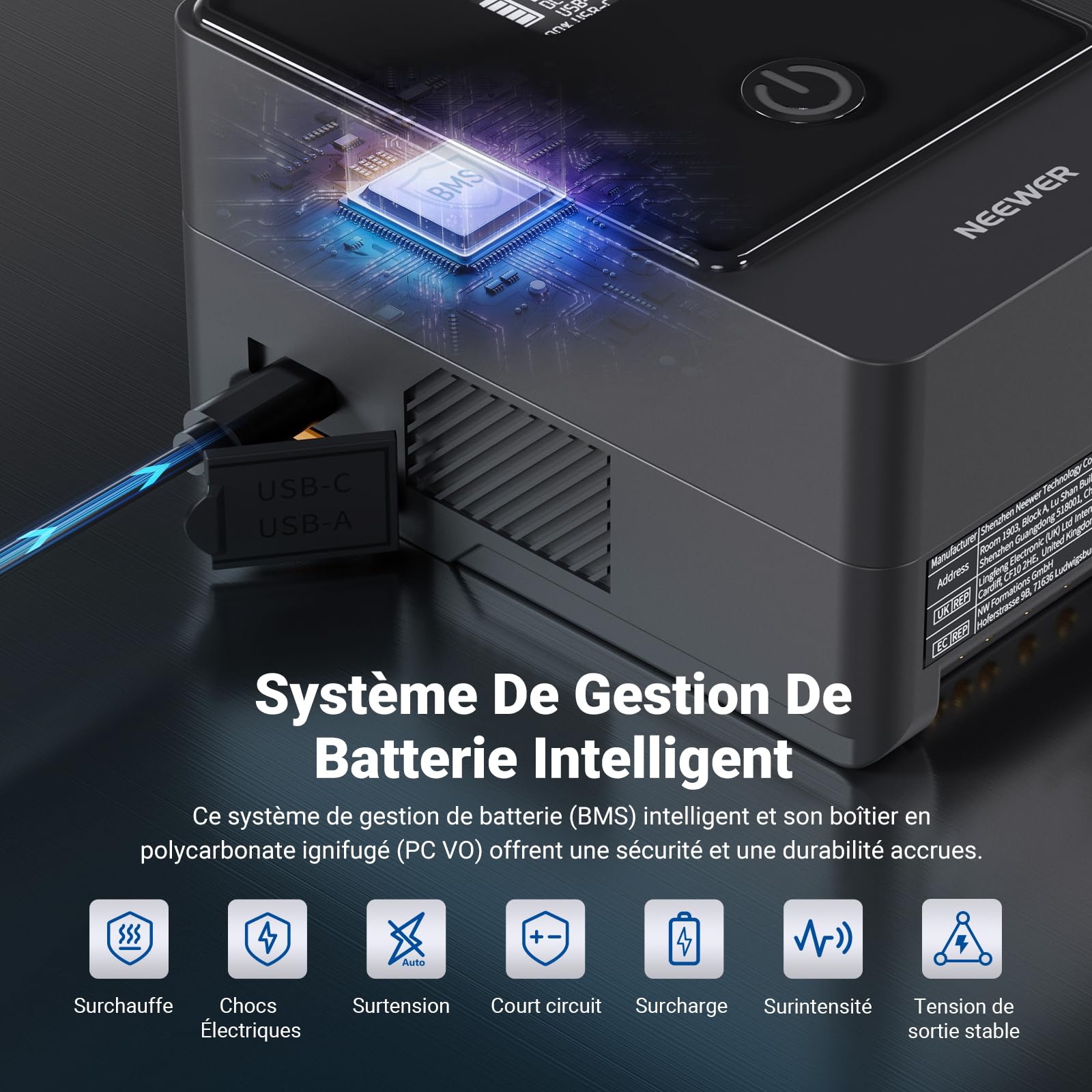 NEEWER Mini Batterie V Mount 6800mAh 99Wh 14,5V, Mini Batterie V-Lock avec PD 65W USB-C/D Tap/BP/USB A/Double Port DC/Écran OLED pour Appareil Photo Caméra,Compatible avec SmallRig BMPCC 4k 6k, PS099E