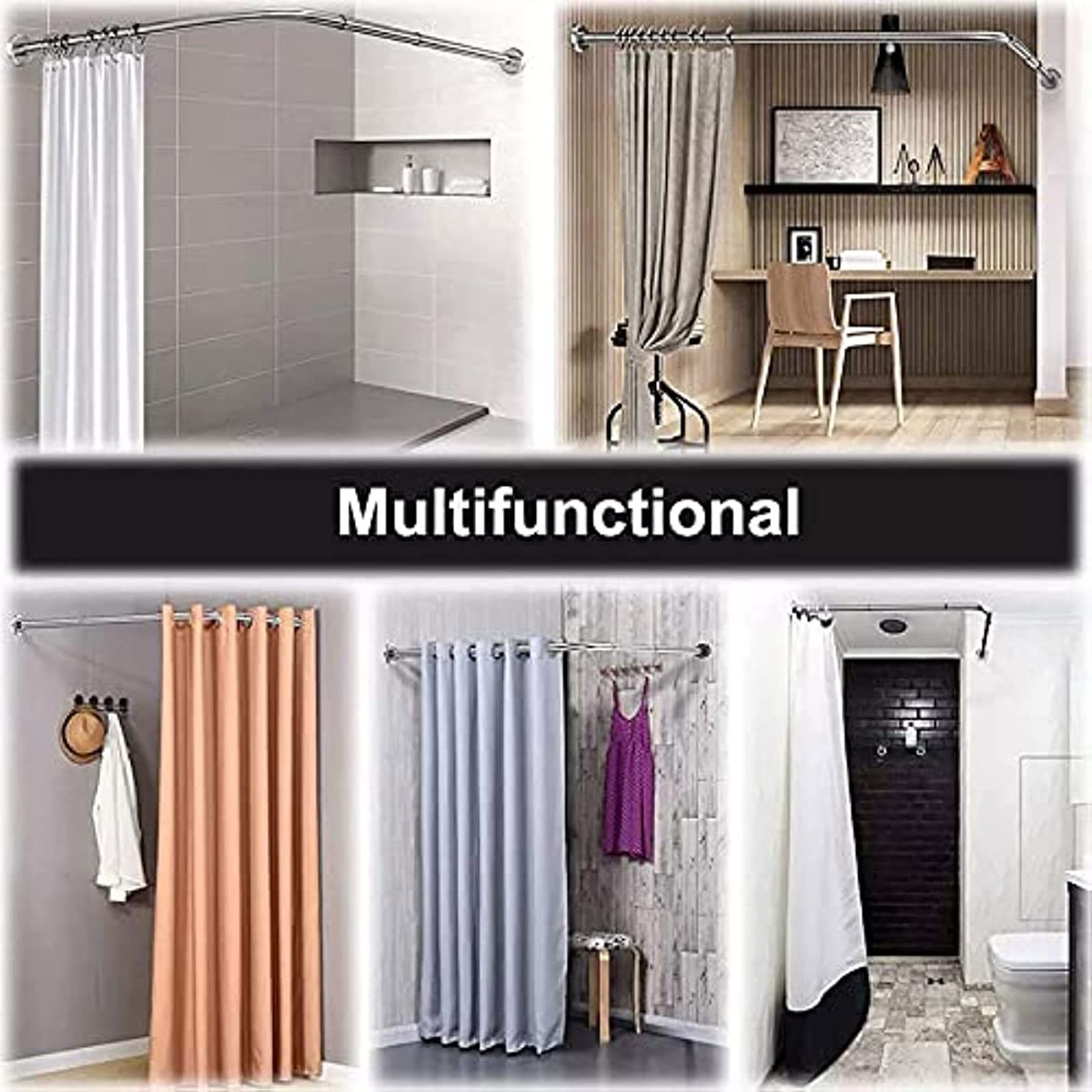 Barra de cortina de ducha de esquina en forma de L, extensible, curvada, sin taladro, colgador de acero inoxidable para esquina de bañera, barra de cortina duradera y elegante, perfecta para espacios