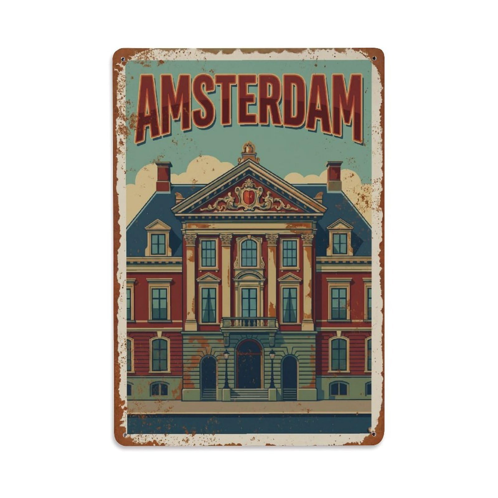 Okngb Style Vintage Ornate Pediment Amsterdam Historic Landmark Metal Tin Sign Plaque Wall Decor For Cafe, Man Cave, Club Bar, Office, Home Garden Round Metal Poster 8X12inch
