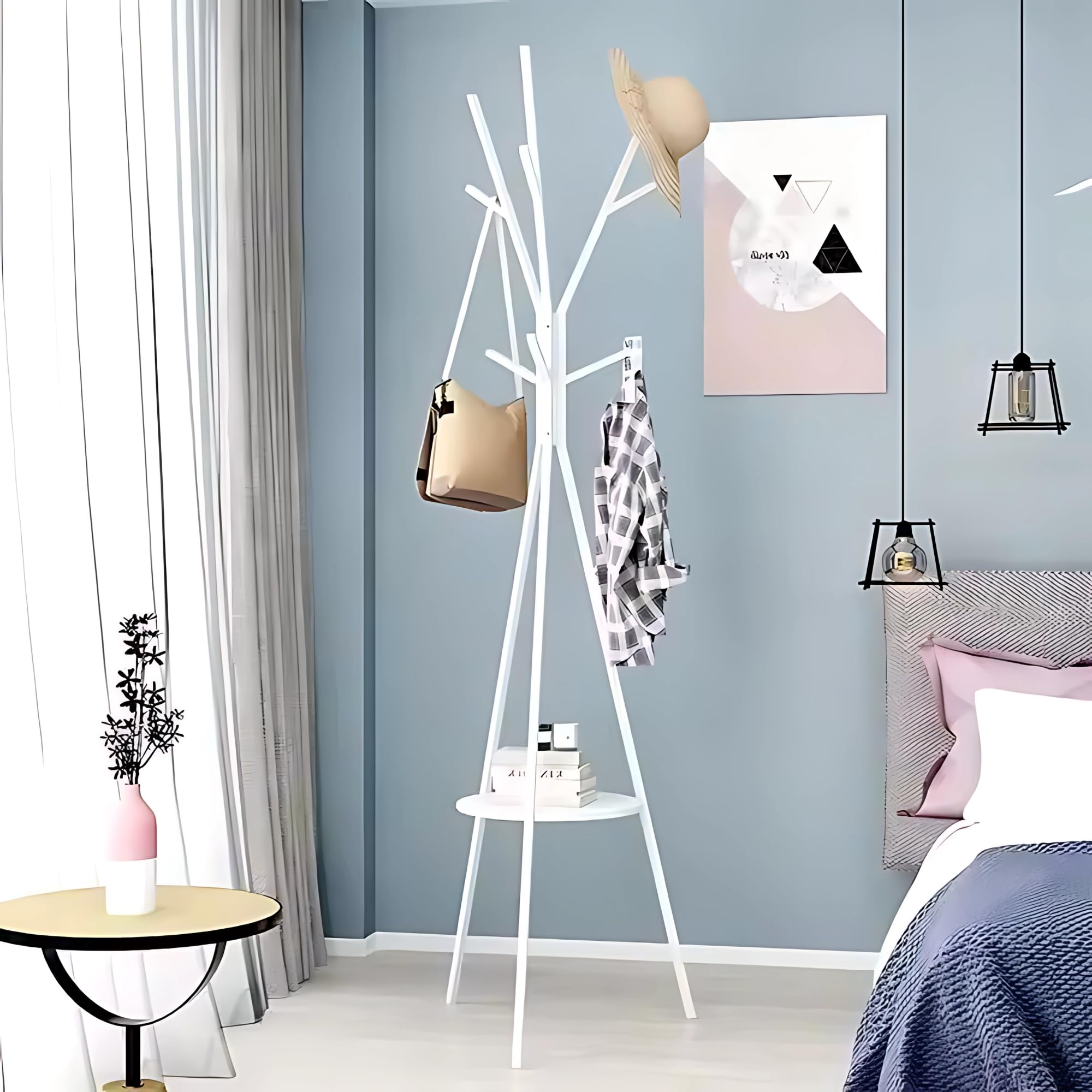 Appendiabiti da Terra Design Moderno, 180 cm, 9 Ganci, con Ripiano, Struttura in Metallo (Bianco)