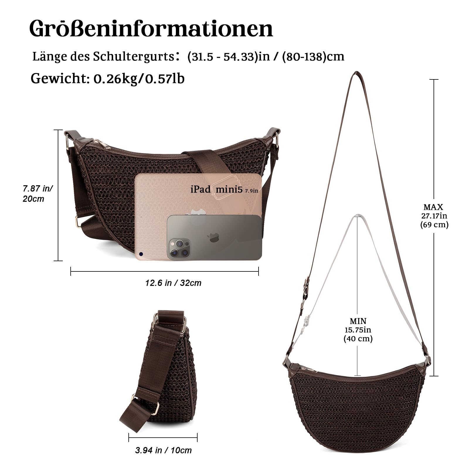 Gladdon Borsa a tracolla da donna, in paglia, a mezzaluna, intrecciata, estiva, leggera, da spiaggia