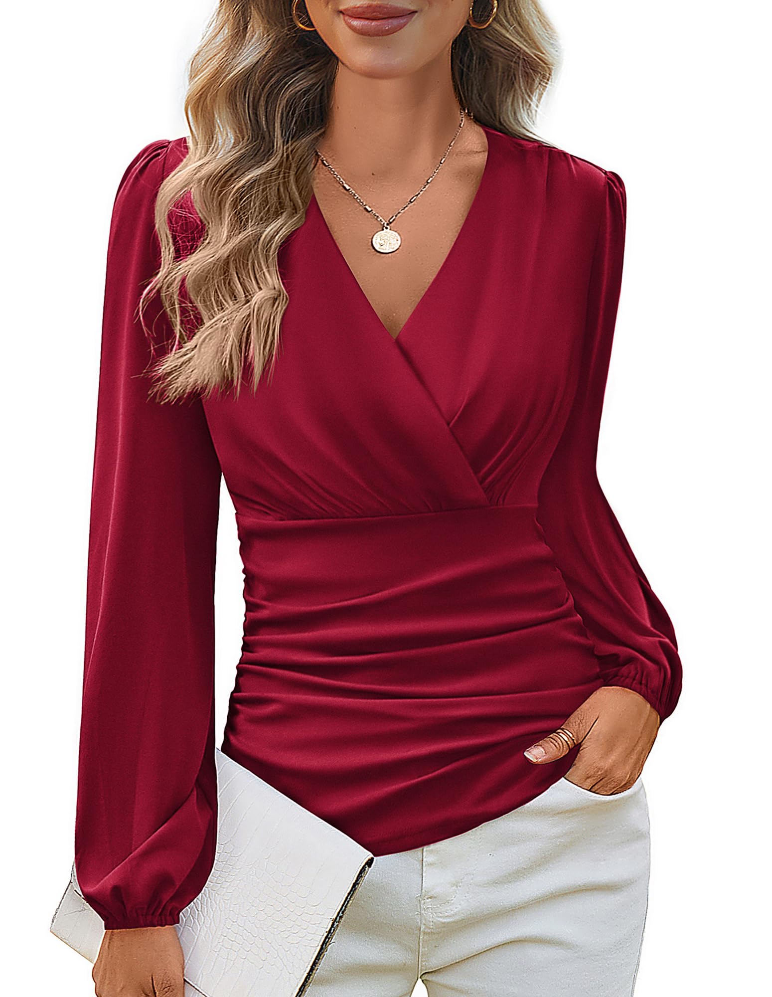 GRACE KARIN Long Sleeve Blouses for Women Dressy Casual, Wrap Tops Work Shirts, 2025 Fall Business Outfits