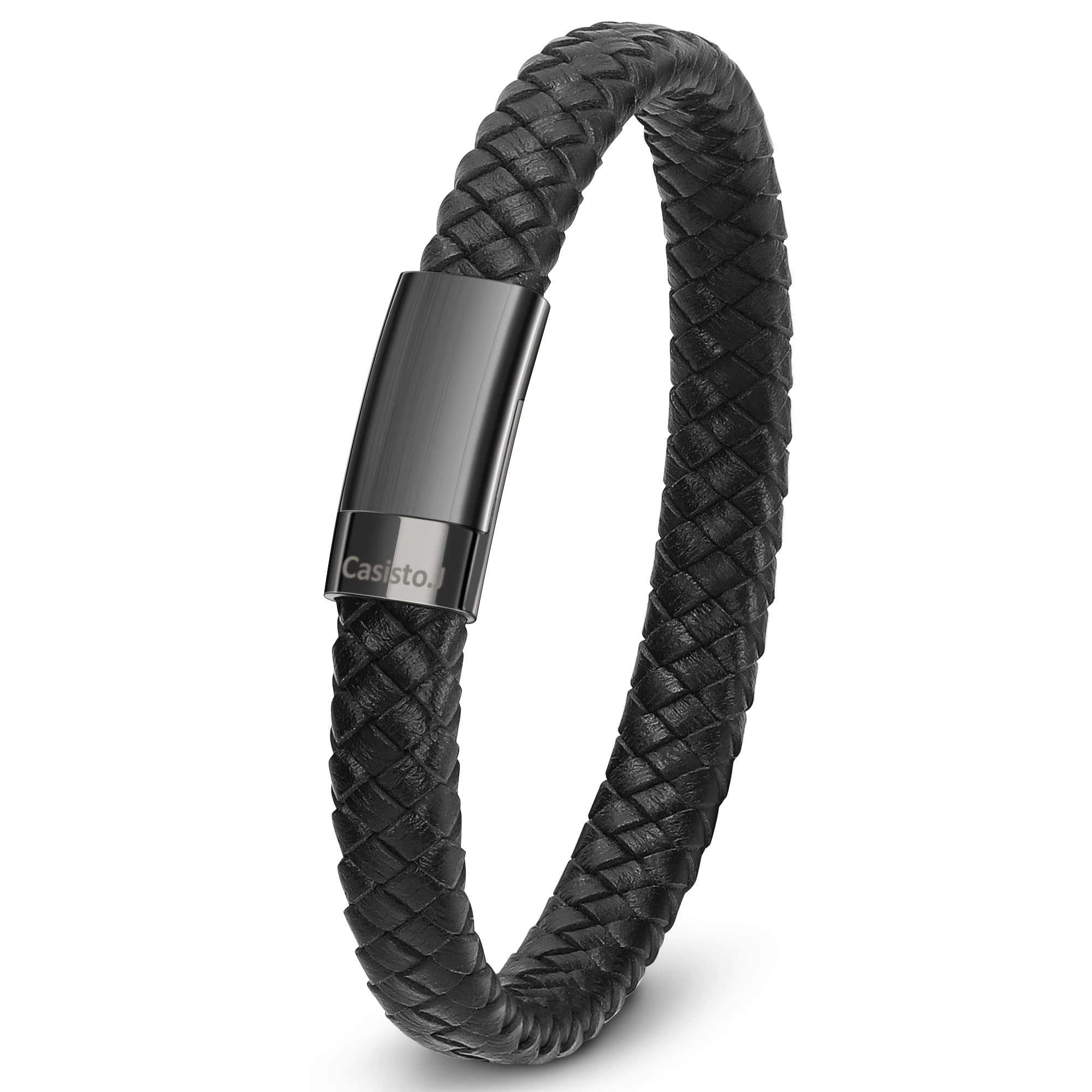 Casisto.J Herenarmband – leren armband voor heren klassieke handgevlochten manchet zwart en bruin met gegraveerde magneetsluiting cadeau gratis sieraden in doos, één maat, nikkel roestvrij staal leer