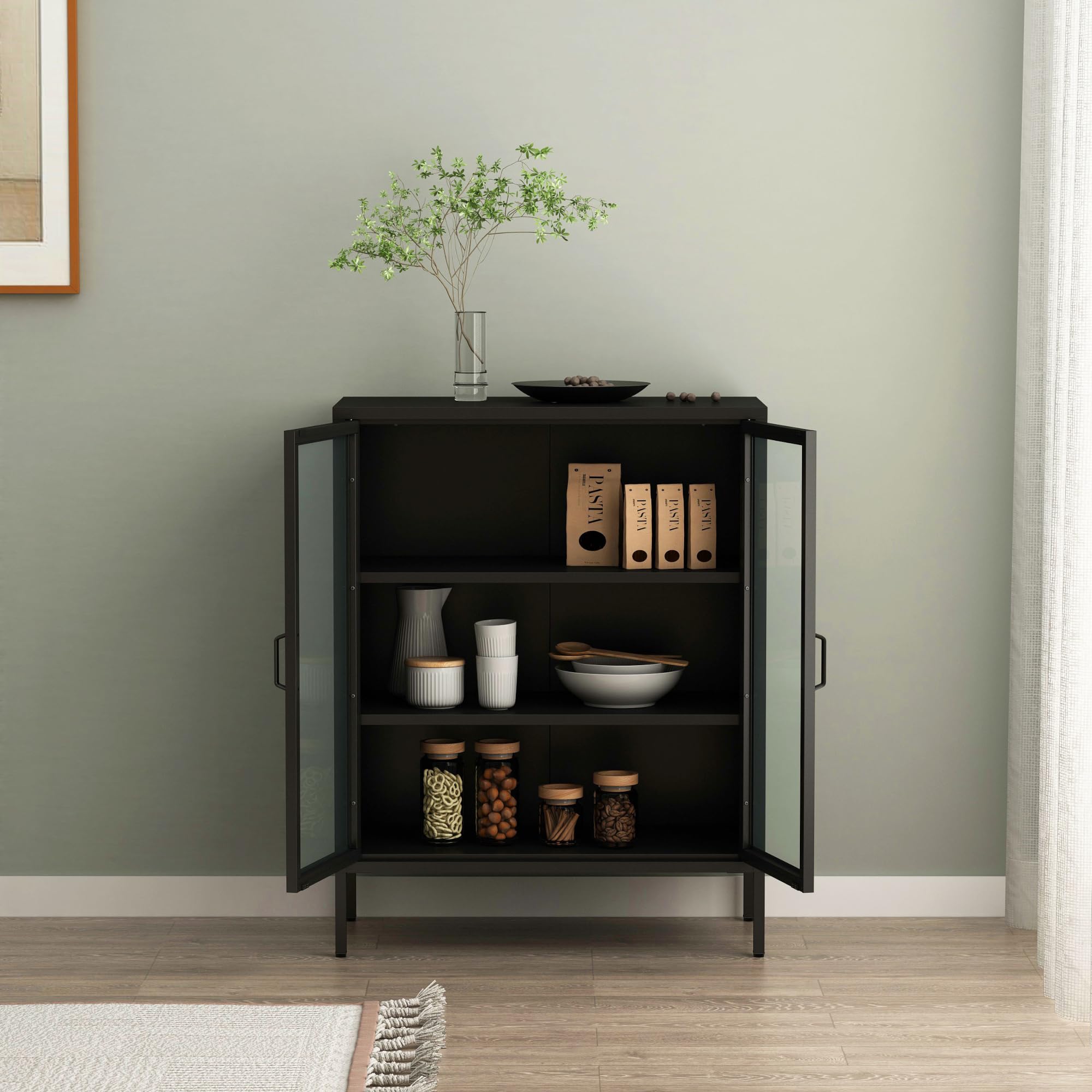 Armoire Vitrée En Acier Laqué Avec Étagère Réglable - Meuble De Rangement Salon/Bureau | Porte Verre Strié
