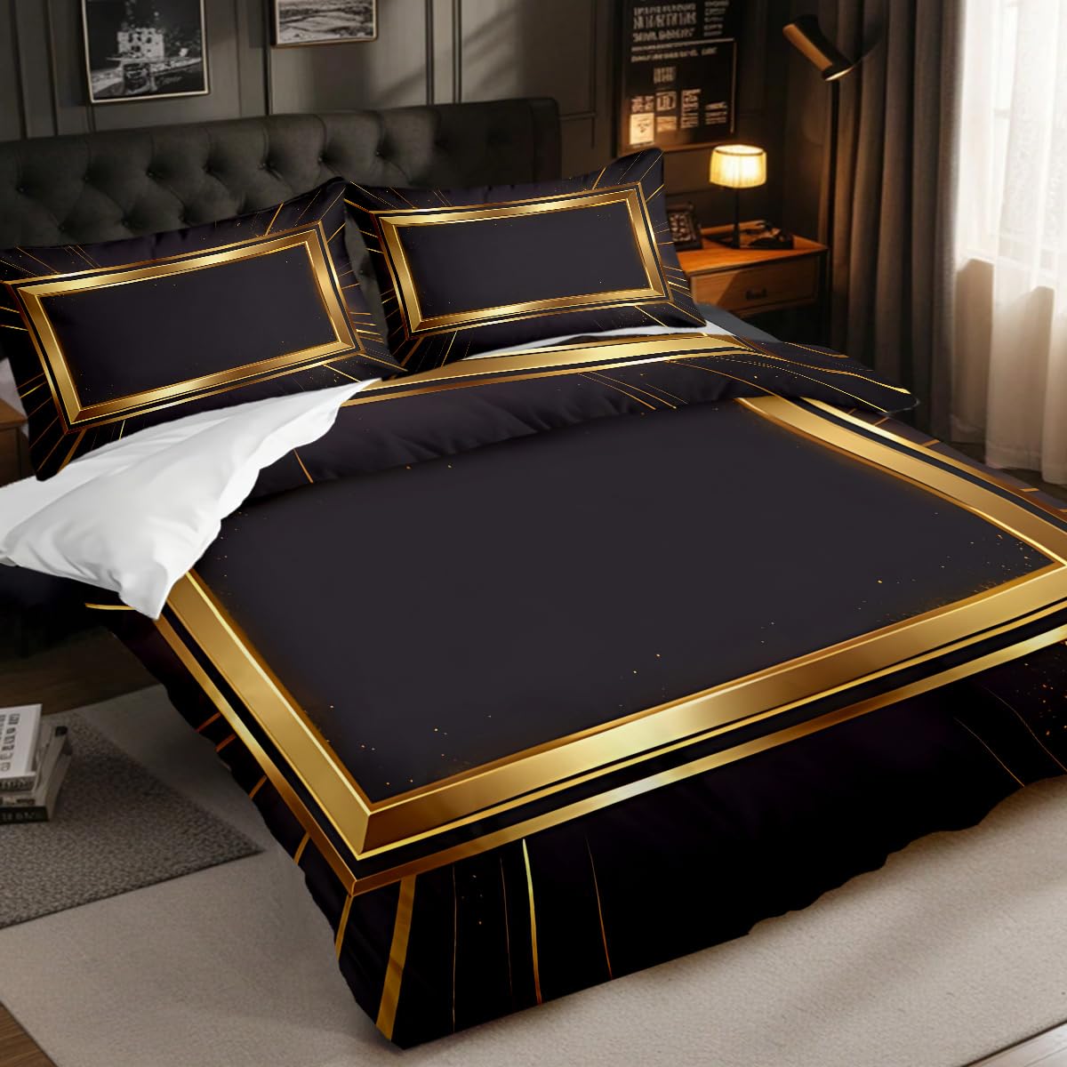 Housse de couette géométrique or parure de lit chic noire 3 pièces douce