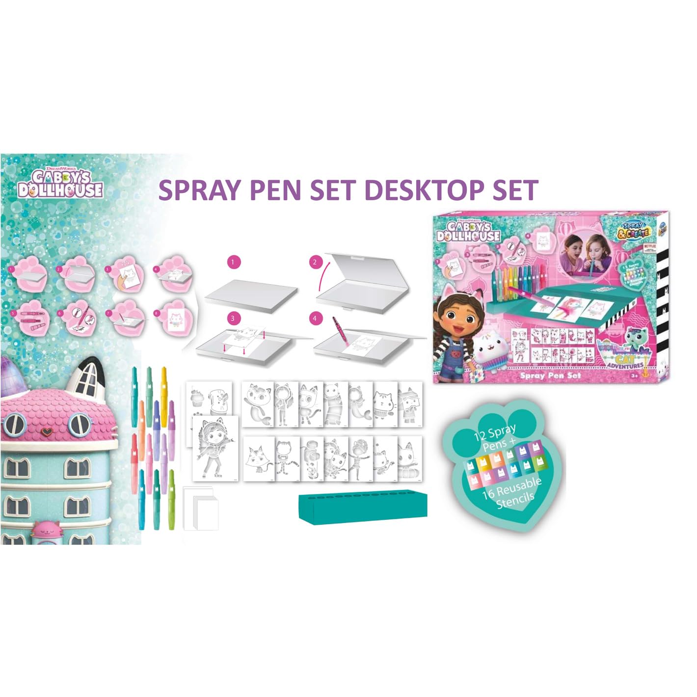 Gabby’s Dollhouse - Sprühstift-Set Desktop Box - Malstifte für Kinder - Malset mit Buntstiften und Malvorlagen (GD23368)
