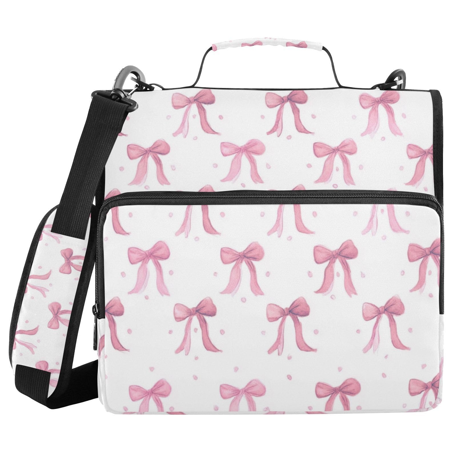 Kcldeci Grazioso raccoglitore a 3 anelli con fiocco rosa con cerniera, 500 fogli, organizer da 3,8 cm, con tracolla, per documenti per scuola e ufficio