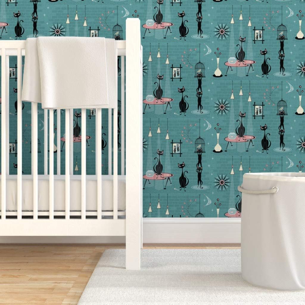 Peel & Stick Wallpaper Swatch - Mid Century Kitty Retro Birds Fish Cat Kitten 1950S Cats Custom Removable Wallpaper by Spoonflower