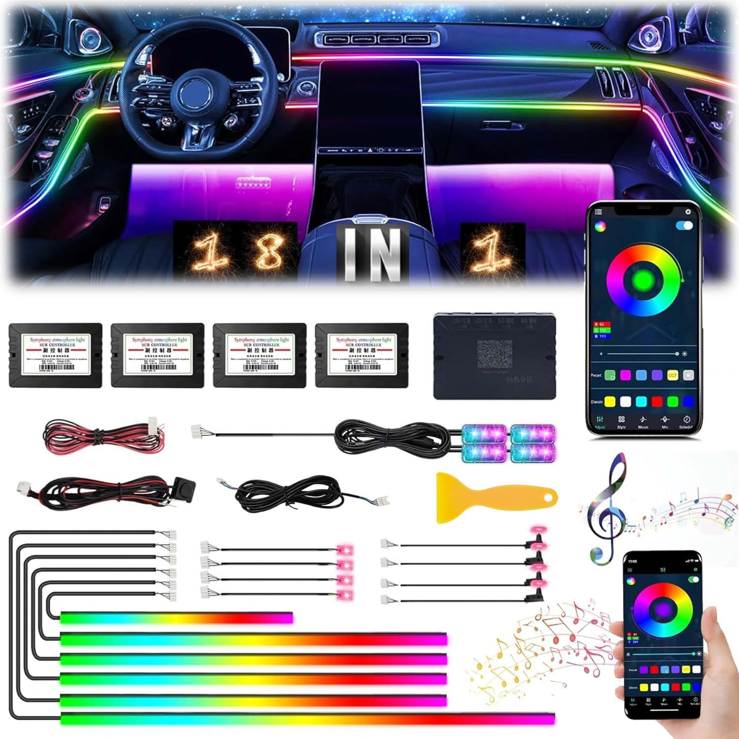 Sunshine smile Illuminazione interna a LED per auto, 6 m/18 in 1 RGB, illuminazione interna controllabile tramite app + telecomando, illuminazione interna laser multicolore (colore)