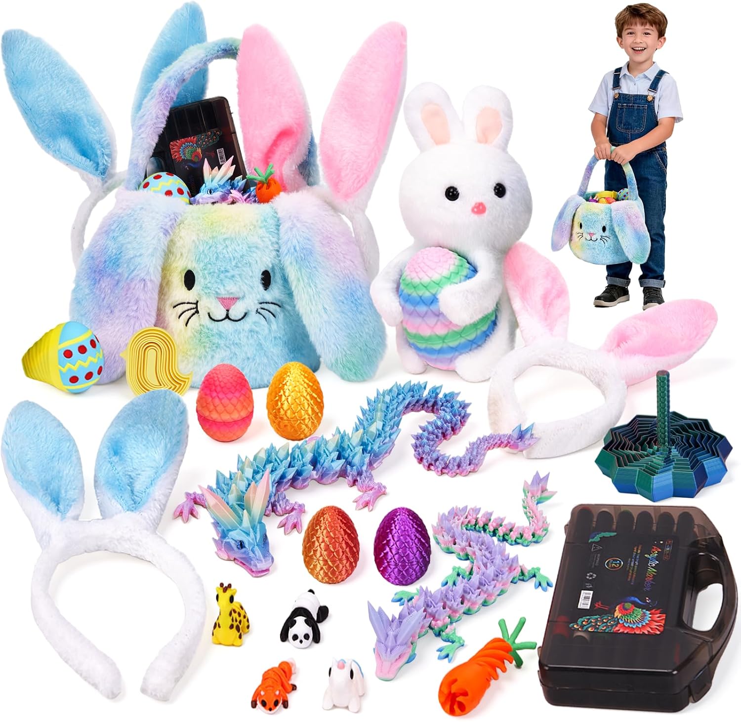 Easter Basket Playset for Kids - 20PCS Easter Bunny Basket Filled with 3D Printed Toys & Plush, Easter Eggs Hunt Bucket Bags, Complete Easter Gifts Set