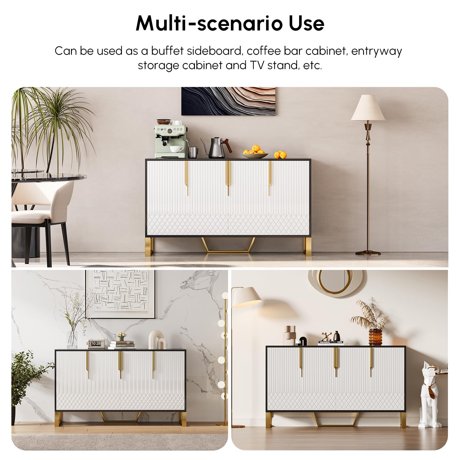 Homary Sideboard-Buffettisch, 150 cm, Küchenschrank, Stabiler Edelstahl Und Holzwerkstoff, 4-türig, 6 Ablagen, Moderner Organizer in Weiß/Schwarz