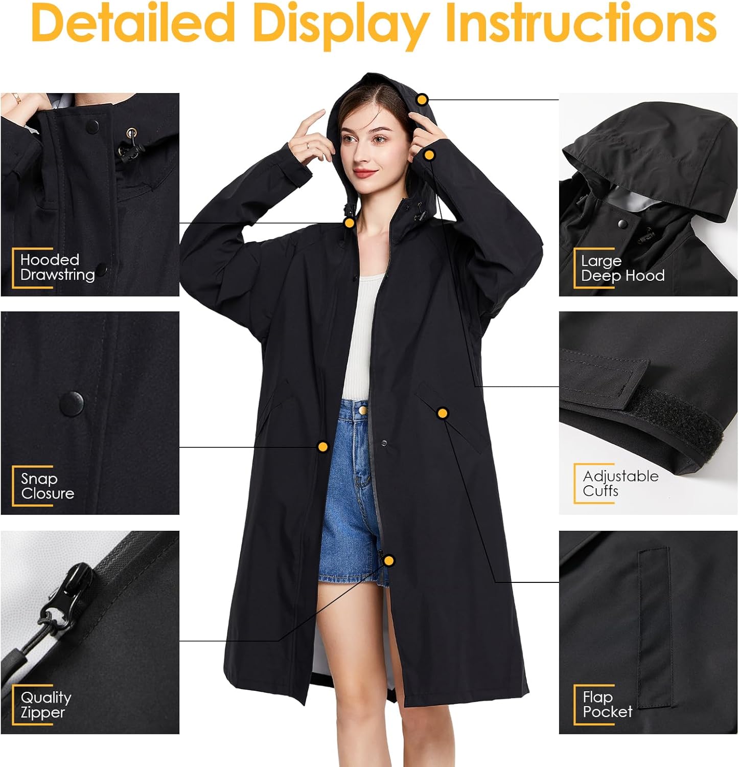 LAMA Long Raincoat for Women, Lightweight Rain Coat with Hooded, Waterproof Rain Jacket, Packable Rainwear - Image 4