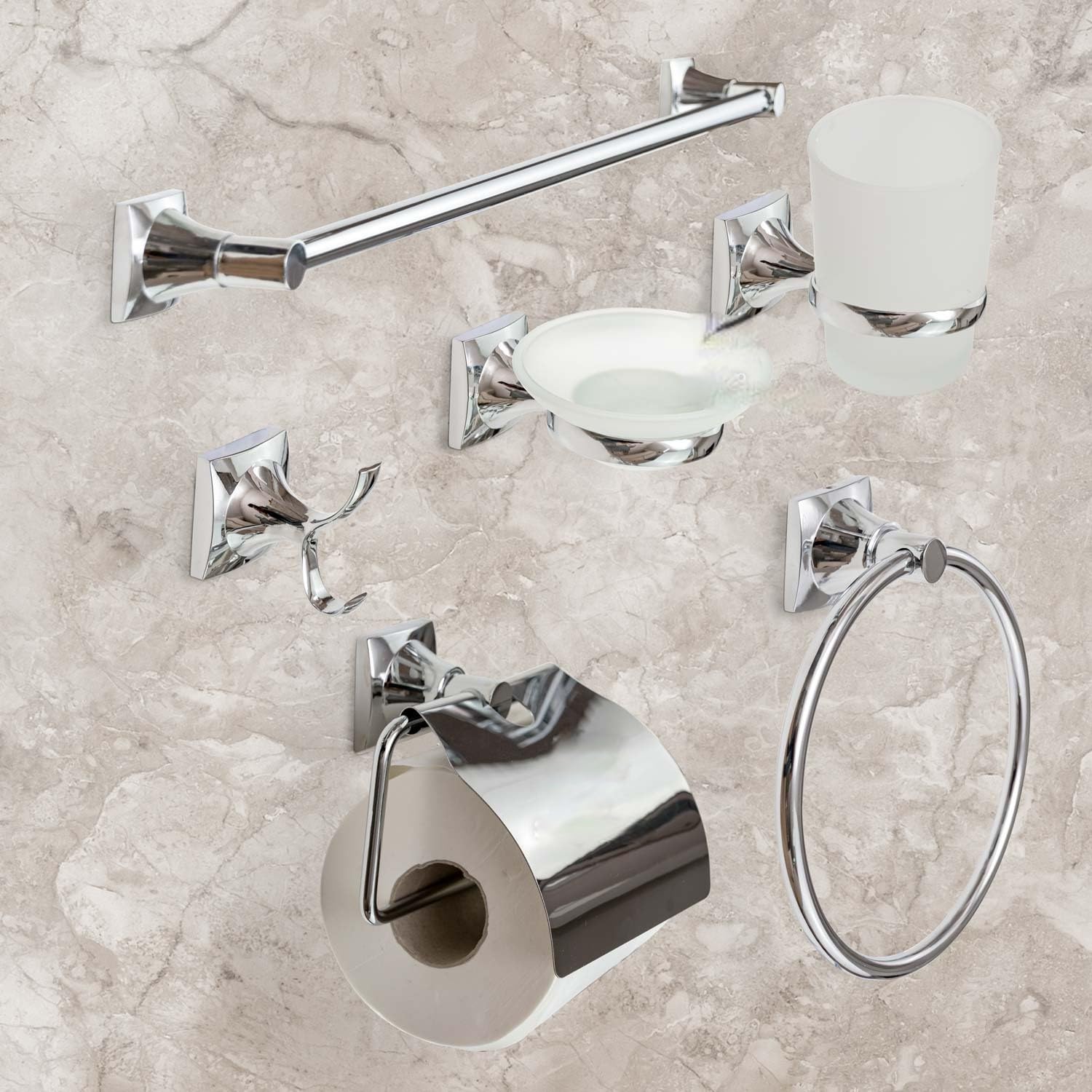 Set Da Bagno 6 Pezzi In Ceramica E Acciaio Cromato Con Decorazioni Oro - Design Neoclassico Elegante Per Il Tuo Bagno