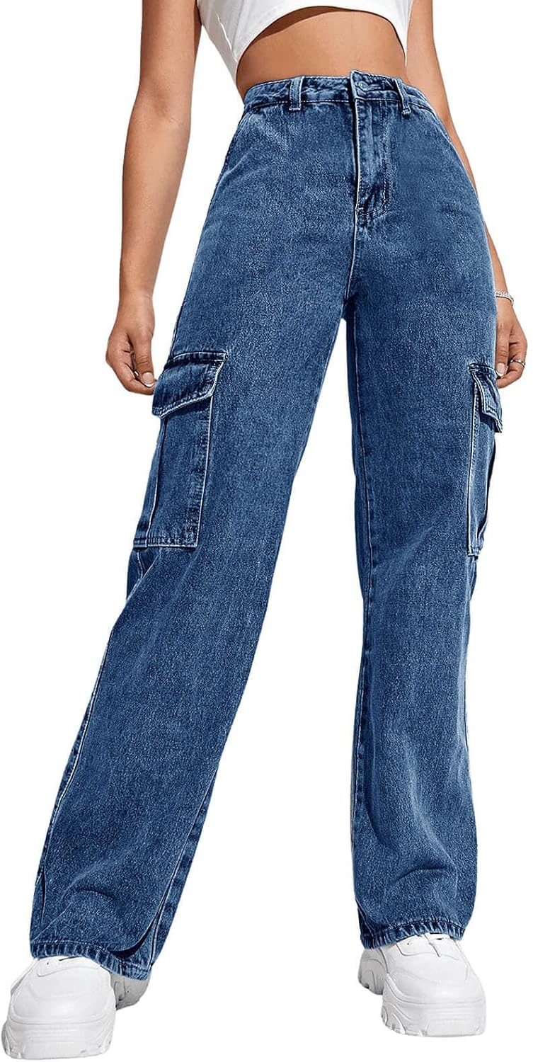 Haloumoning Girls Jeans Denim Elastic High Waisted Wide Leg Baggy Cargo Pants with Pockets 5-14 Years