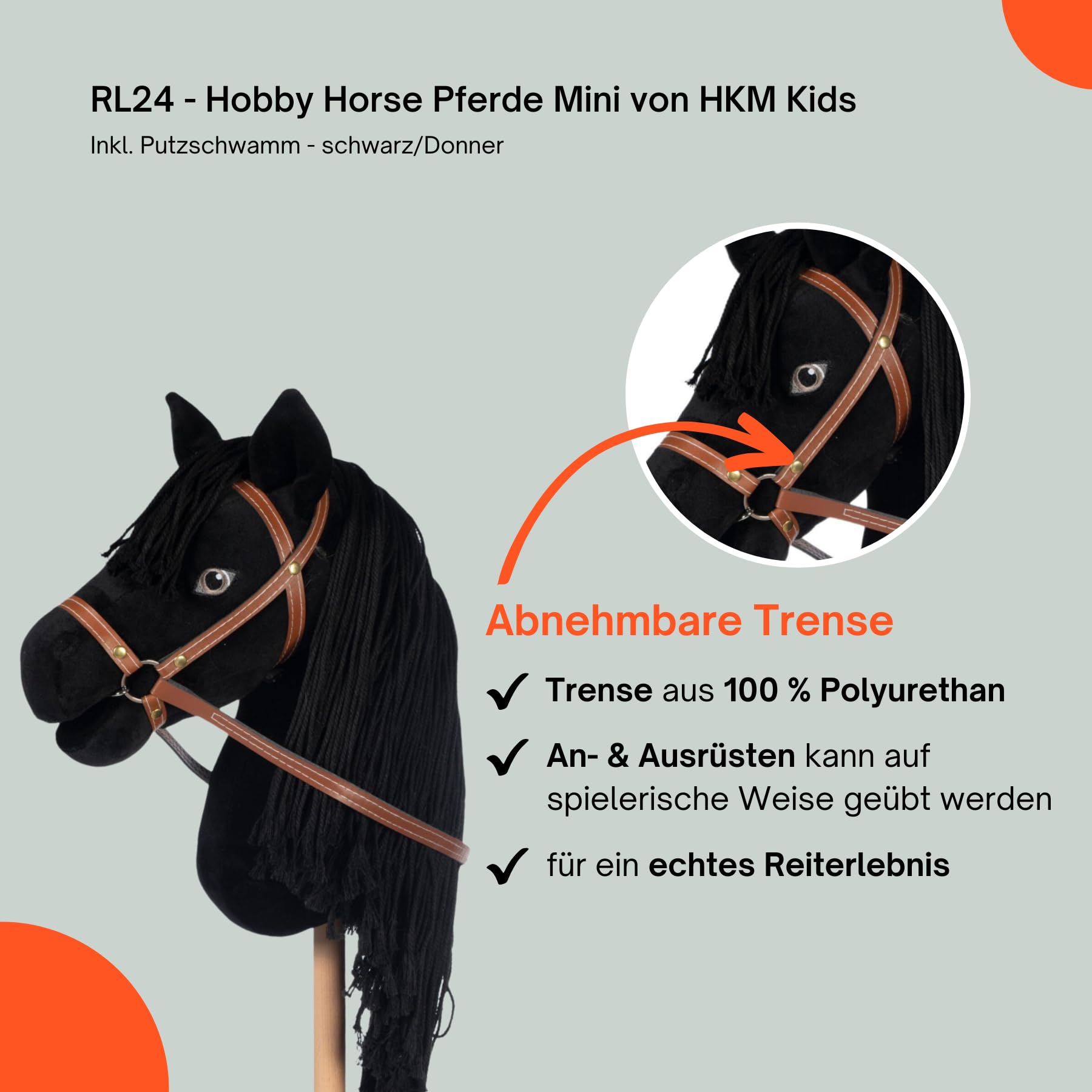 RL24 - Hobby Horse Pferde Mini von HKM Kids inkl. Putzschwamm – Steckenpferd – Spielpferd mit Holzstock, Mähne & Trense – Stockpferd ohne Griffe & Rollen – schwarz (Donner)