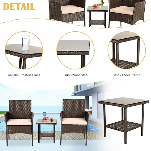 Miniatura 3 de Juego de 3 muebles de patio pequeños, juego de conversación de mimbre de ratán PE que ahorra espacio con cojines y mesa de café de cristal, juegos